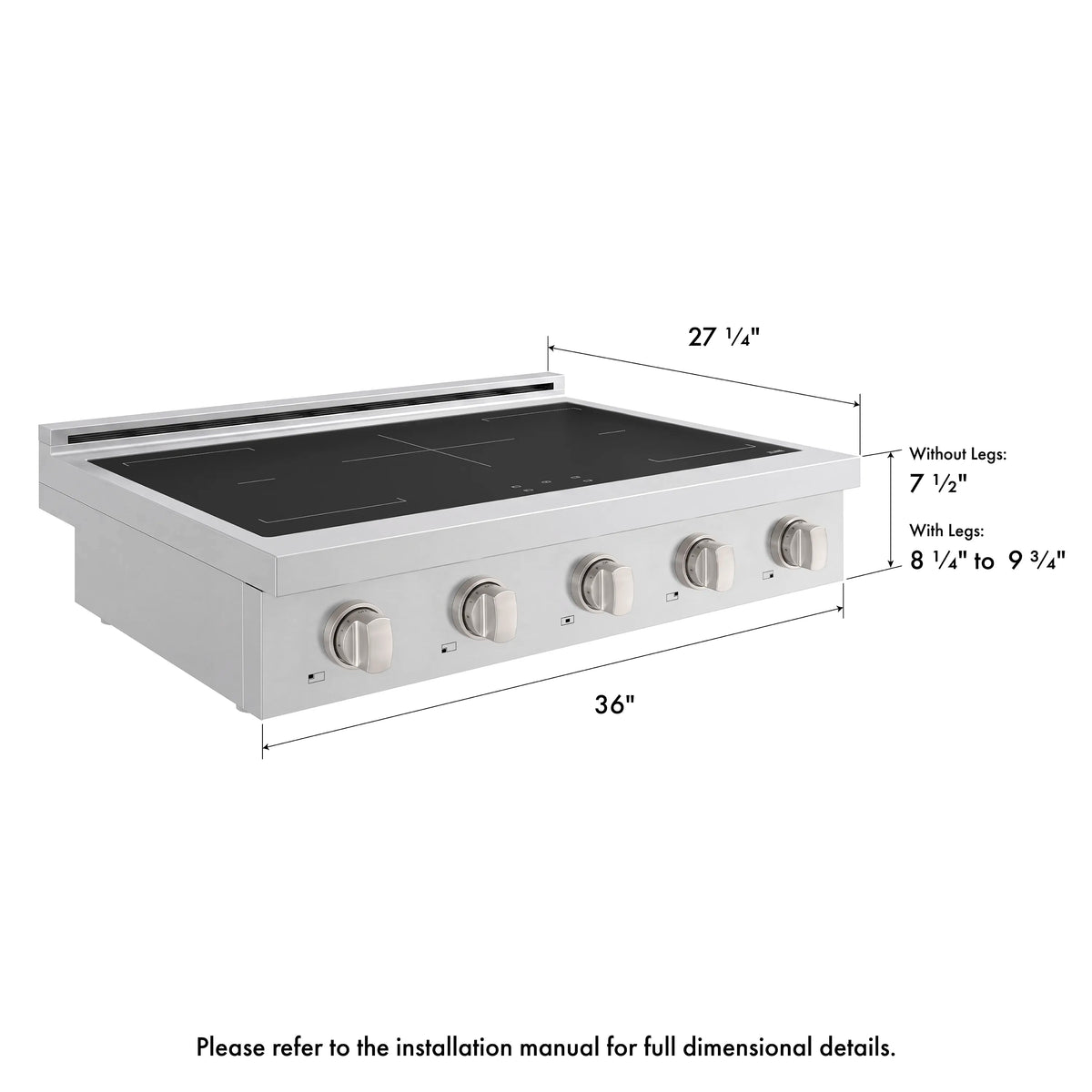 36-inch stainless induction rangetop diagram with front knobs and cooktop glass