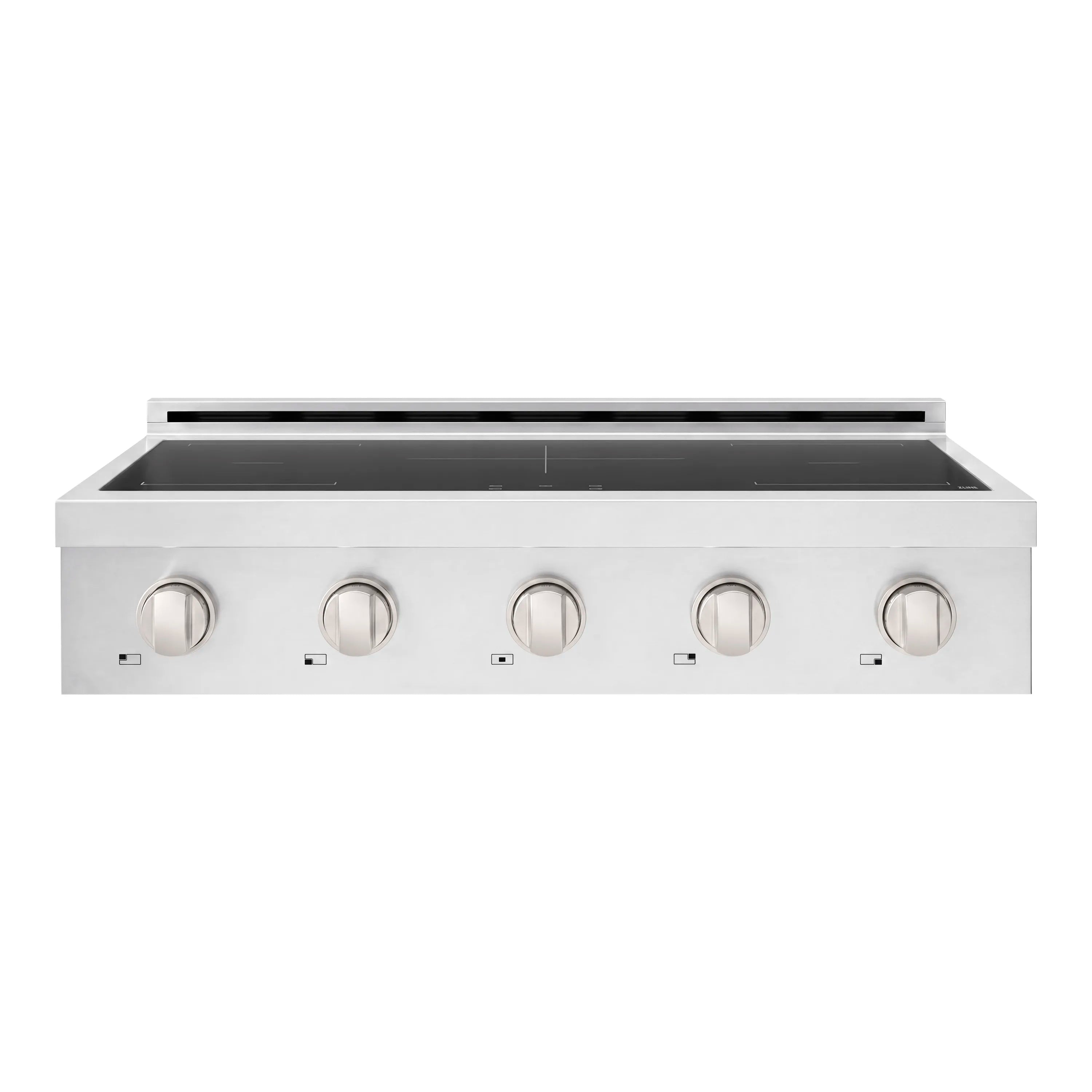 Stainless steel induction range cooktop with five knob controls and black glass top
