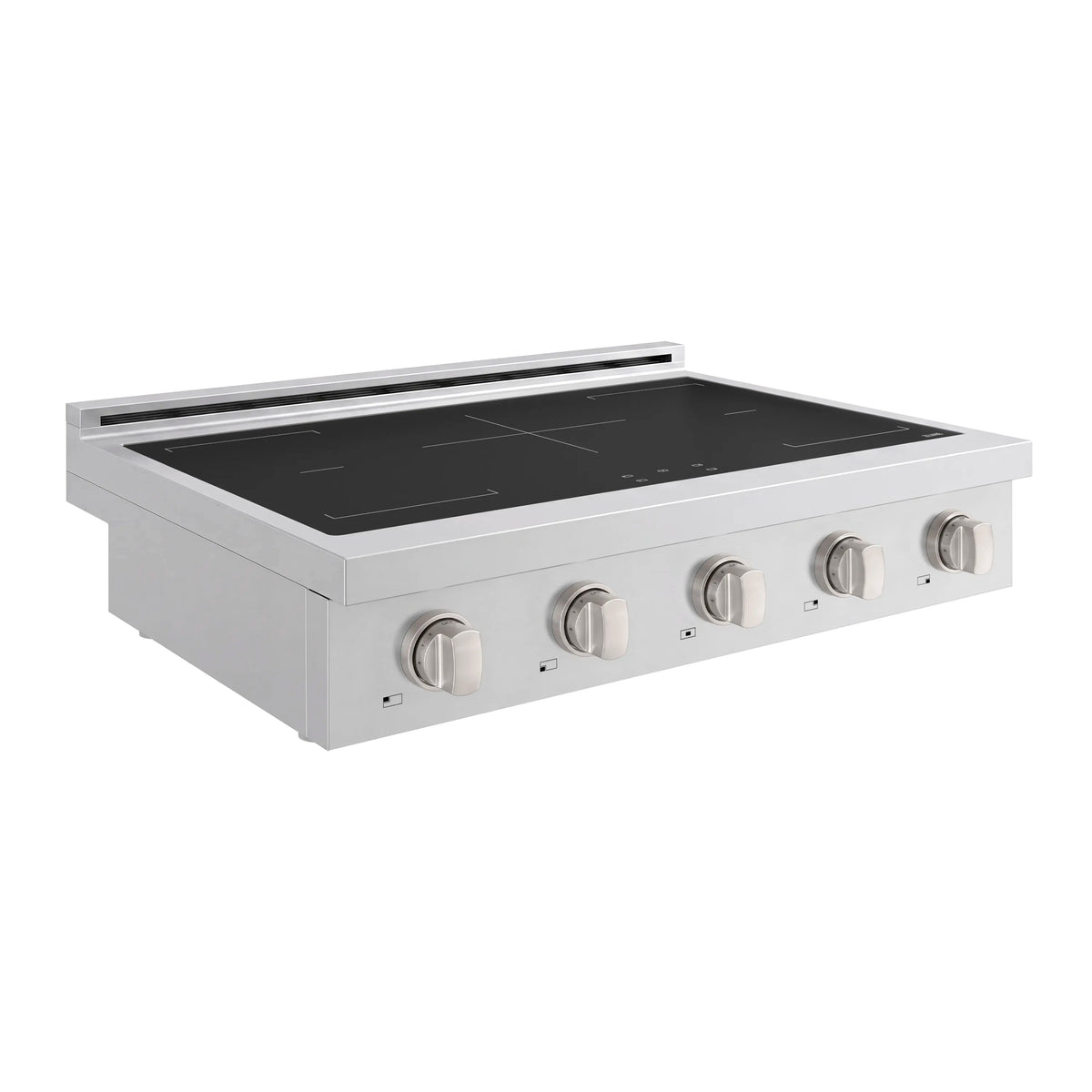 Stainless steel 5-zone induction cooktop with black glass surface and control knobs