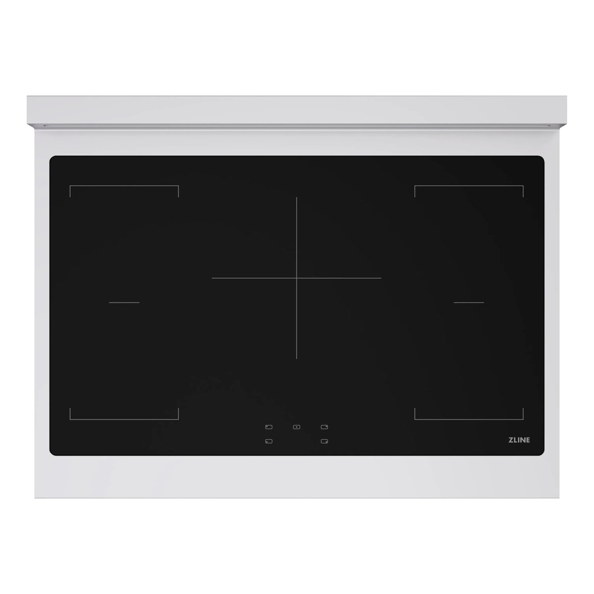 Black glass induction cooktop control panel with zone markings and ZLINE logo