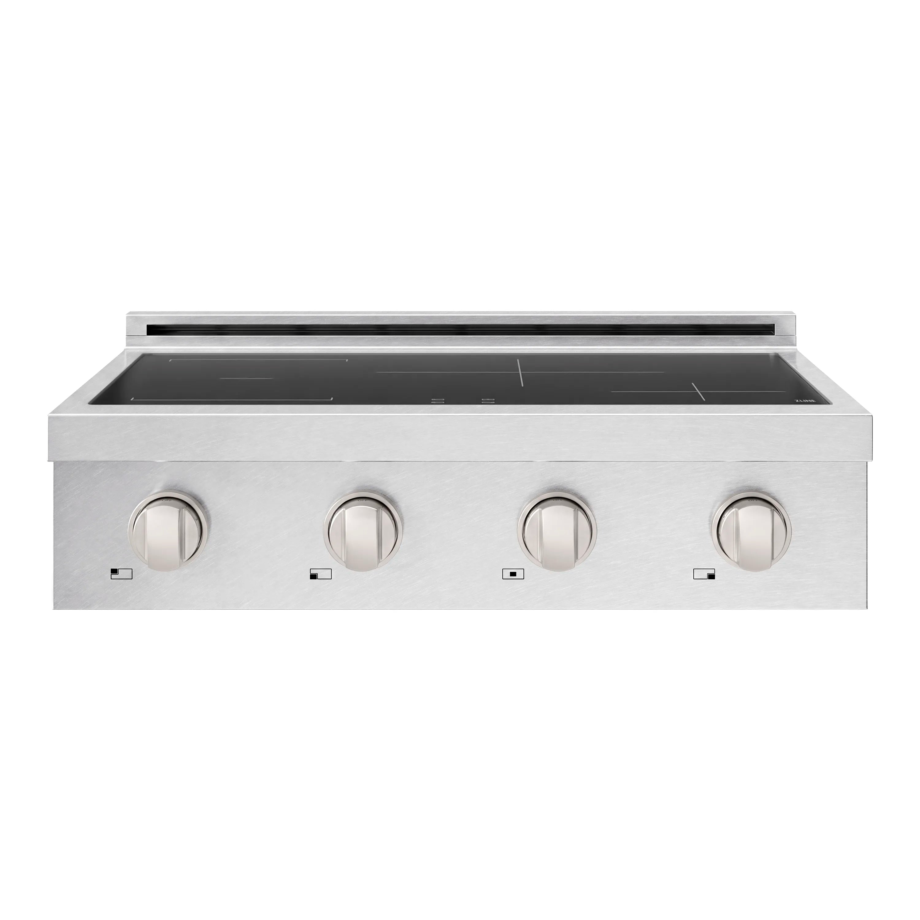 Satin stainless steel induction rangetop with four control knobs and black cook zones