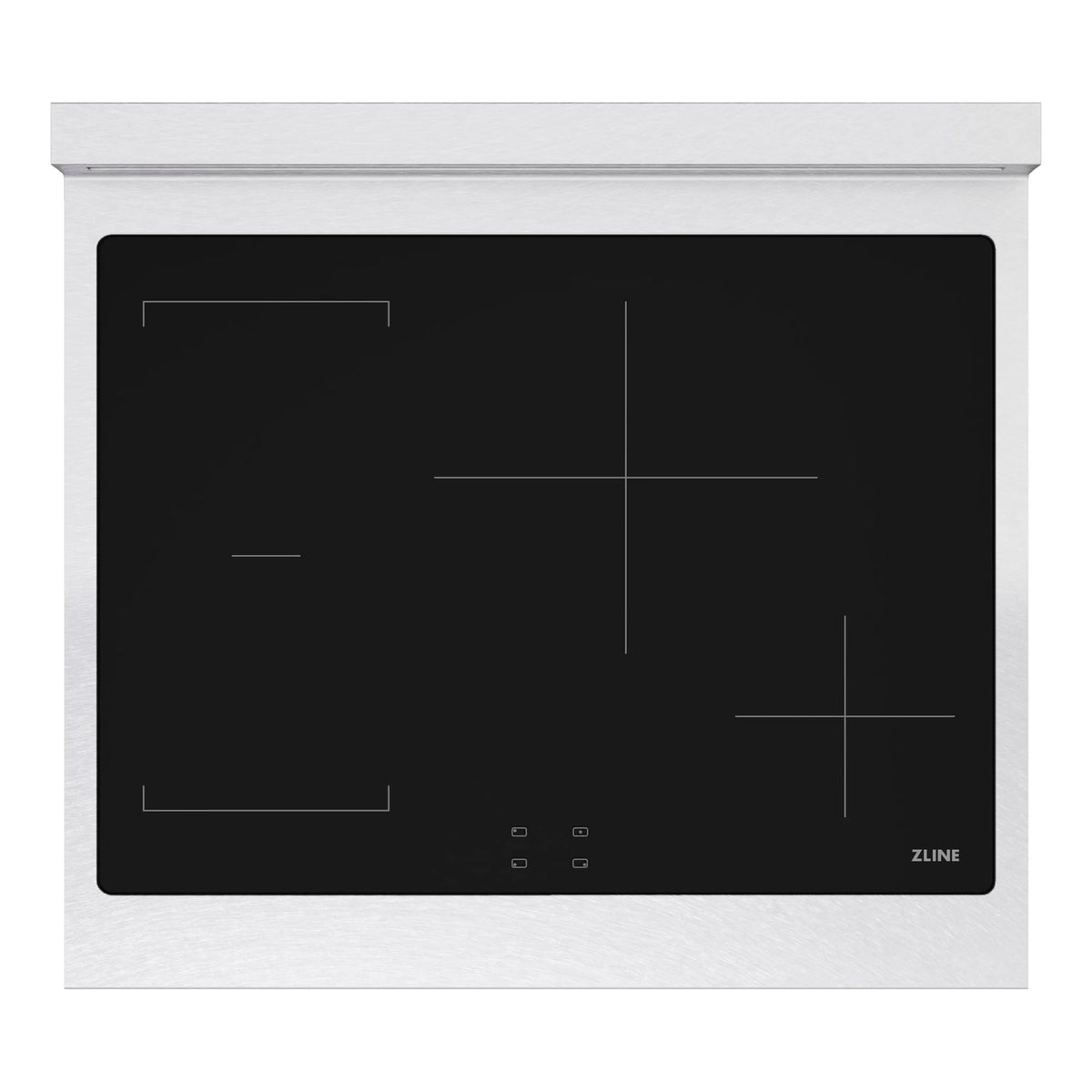 Black glass induction cooktop with outlined cooking zones and ZLINE logo
