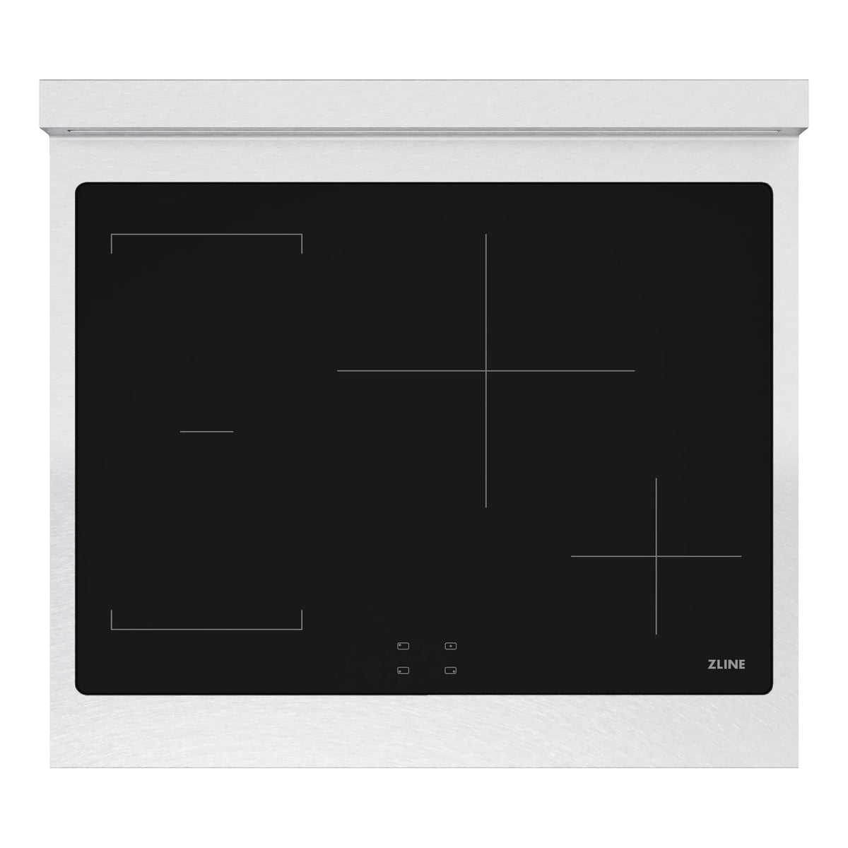 Satin stainless steel induction cooktop with four-zone black glass panel and touch controls
