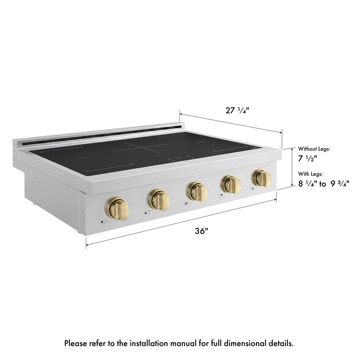 36-inch induction rangetop with five champagne bronze knobs and black glass cooking surface