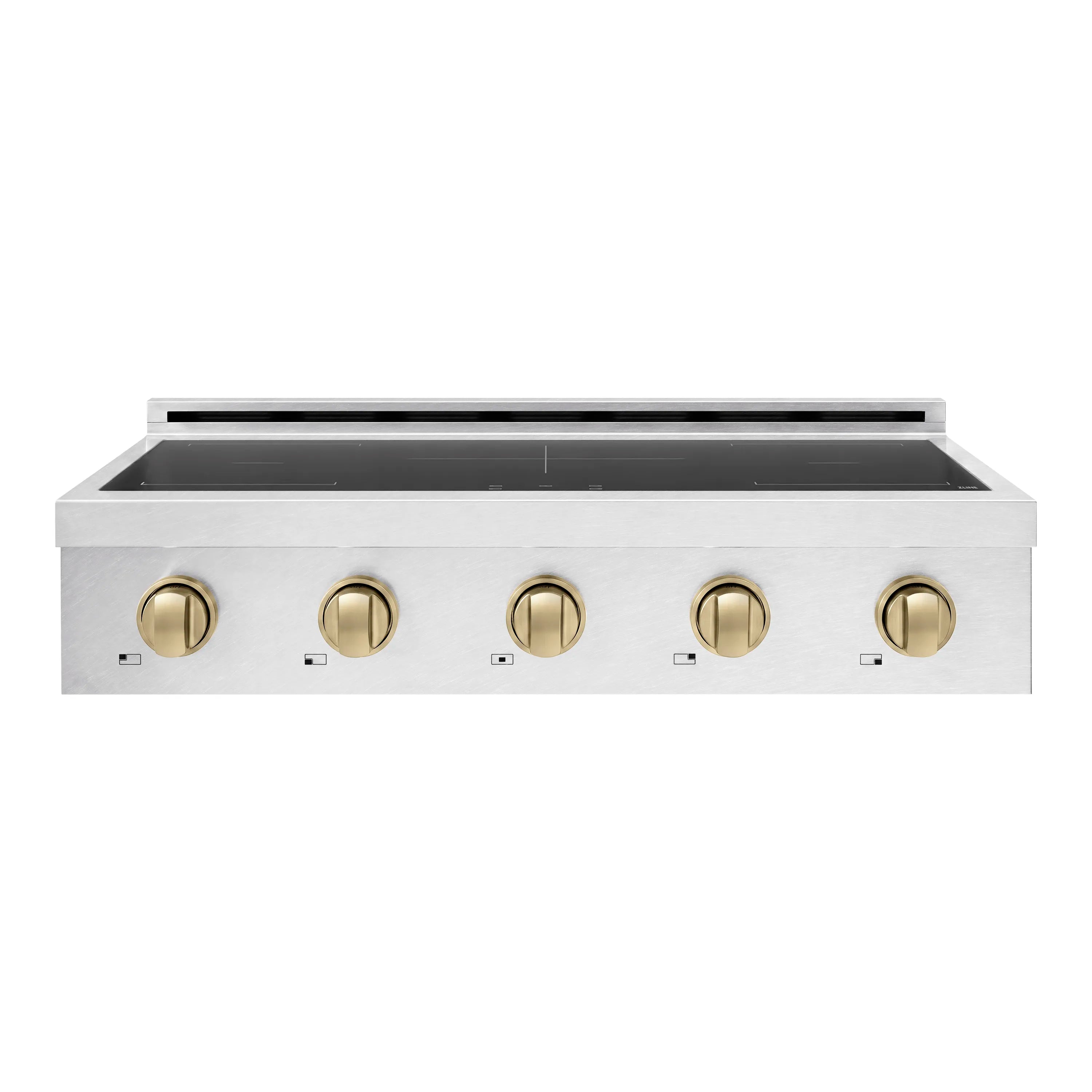 Satin stainless induction rangetop with five champagne bronze rotary knobs and black glass