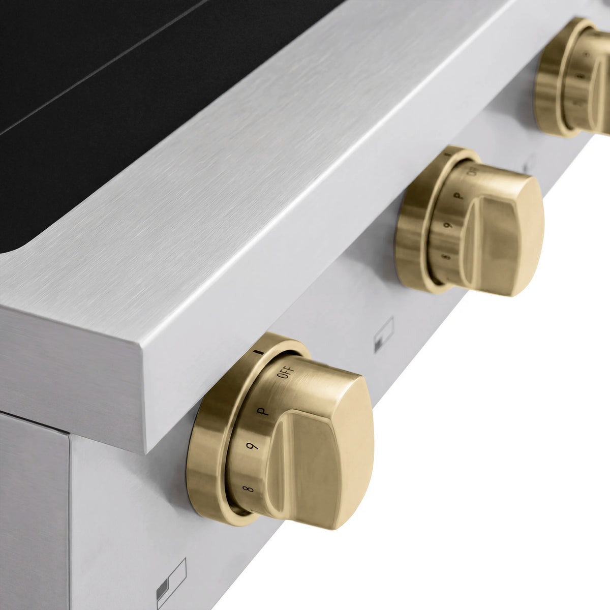 Close-up of a bronze control knob on a stainless induction rangetop