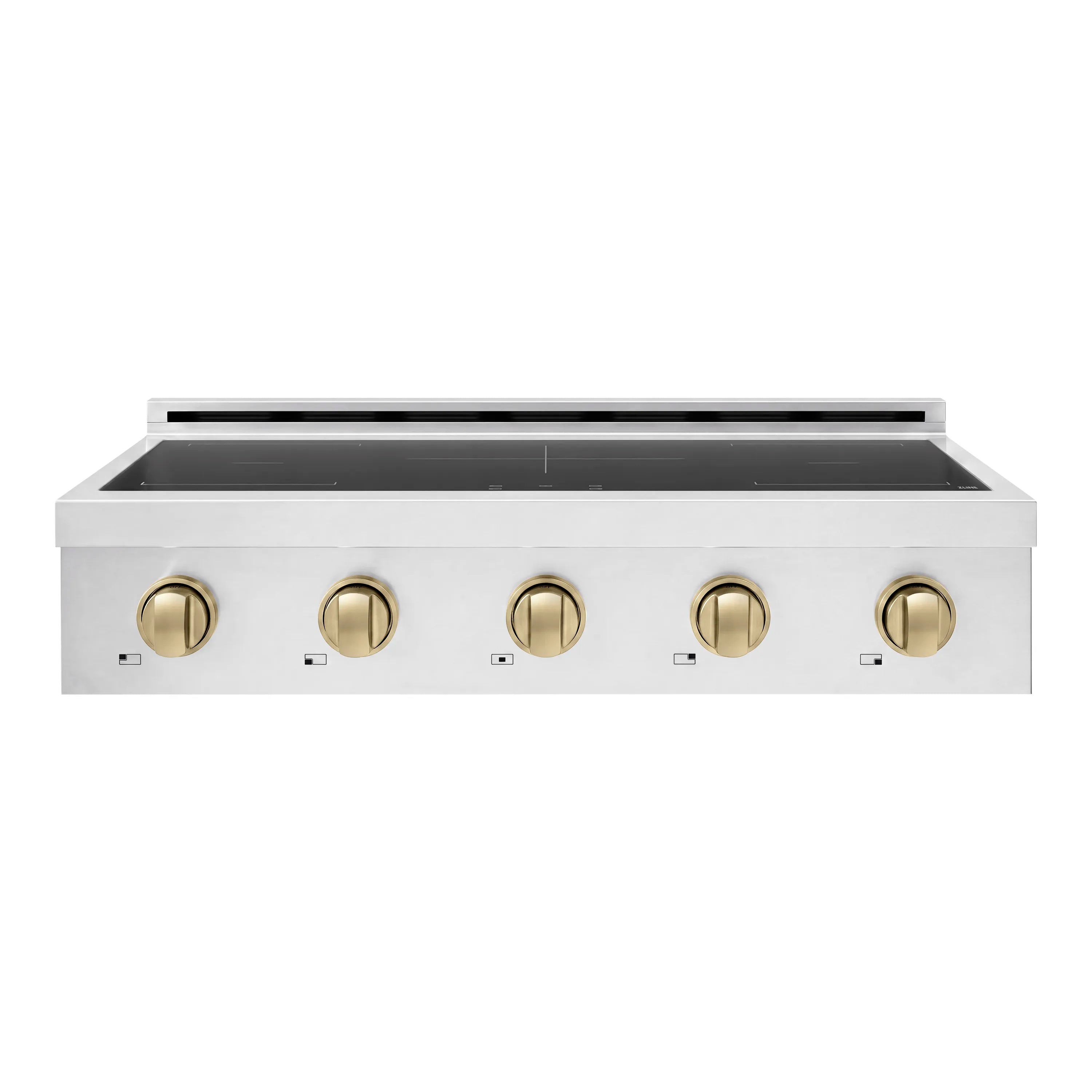 Stainless steel induction rangetop with five bronze control knobs and dark glass cooktop