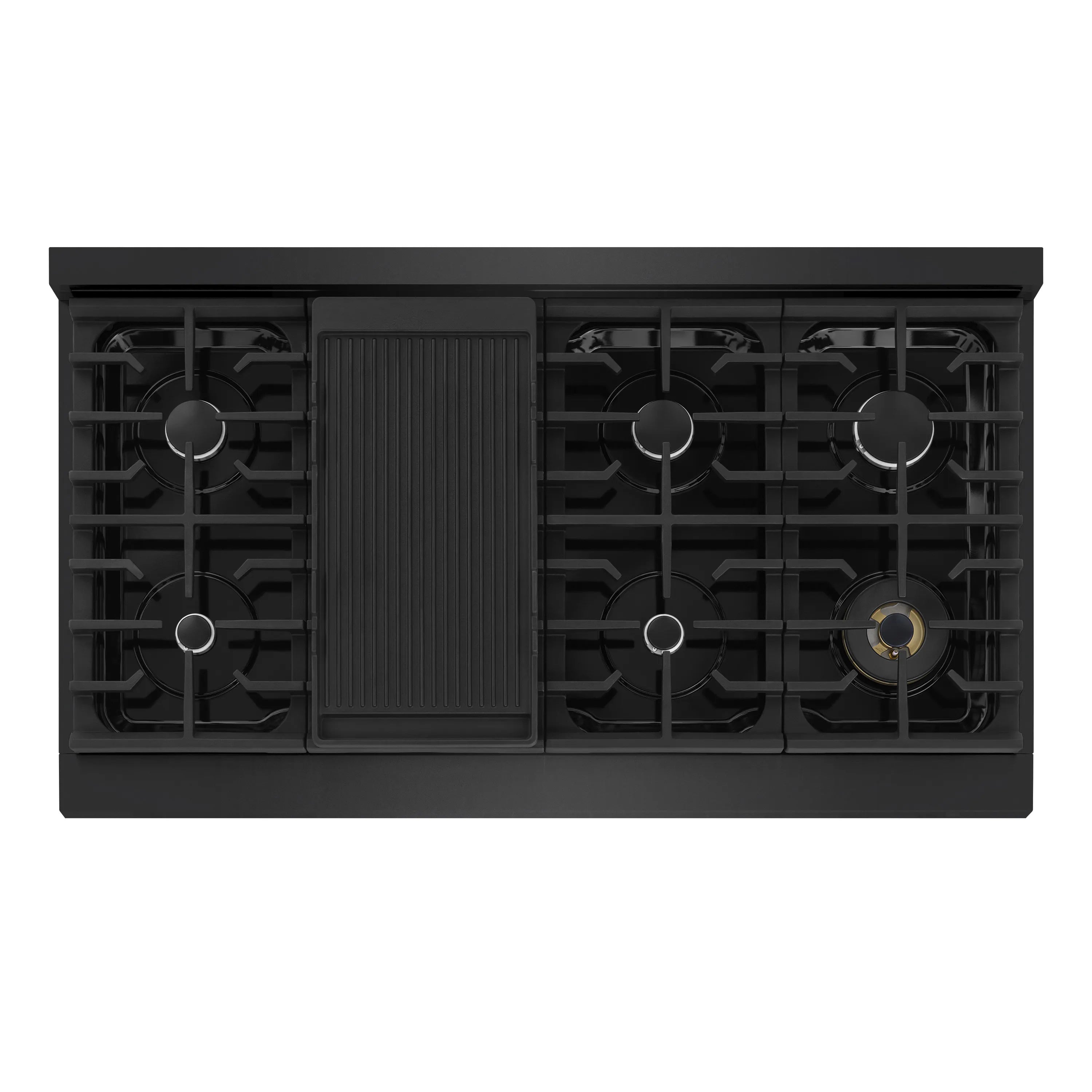 Black stainless gas cooktop with multiple burners and grates, including a center control panel
