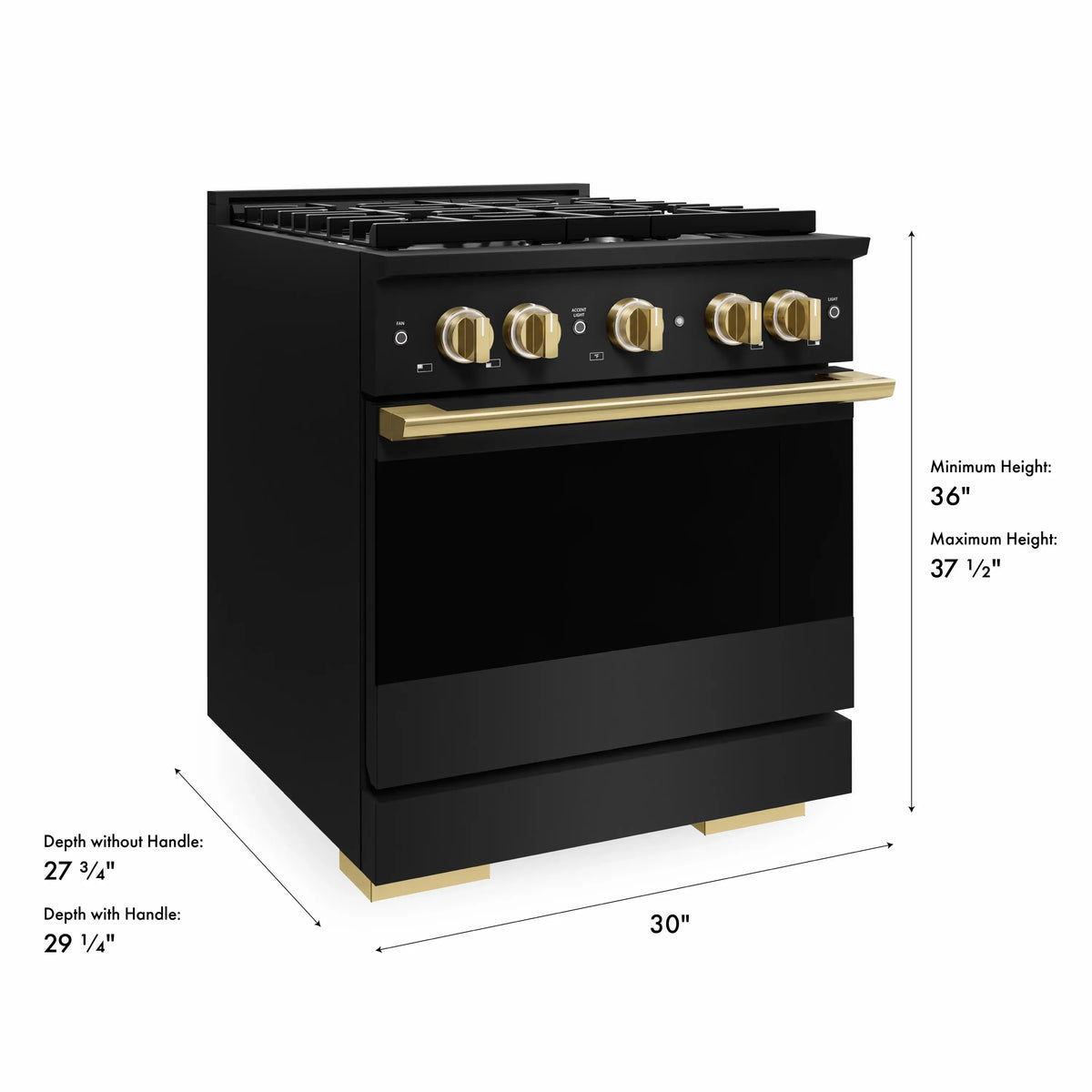 ZLINE dual fuel range front view with gold knobs and black stainless finish