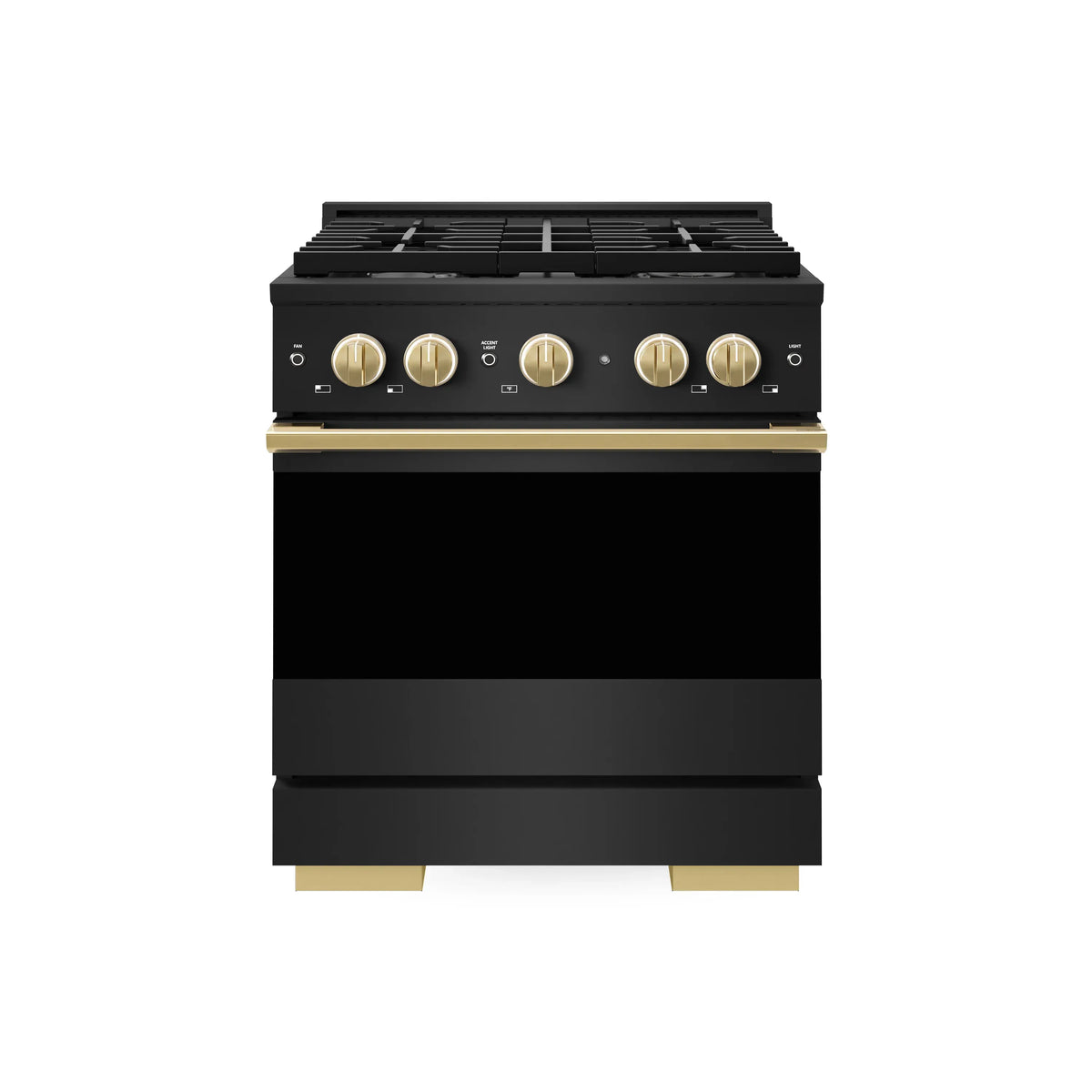 Black dual fuel range front view with gold knobs and 4-burner gas cooktop grates