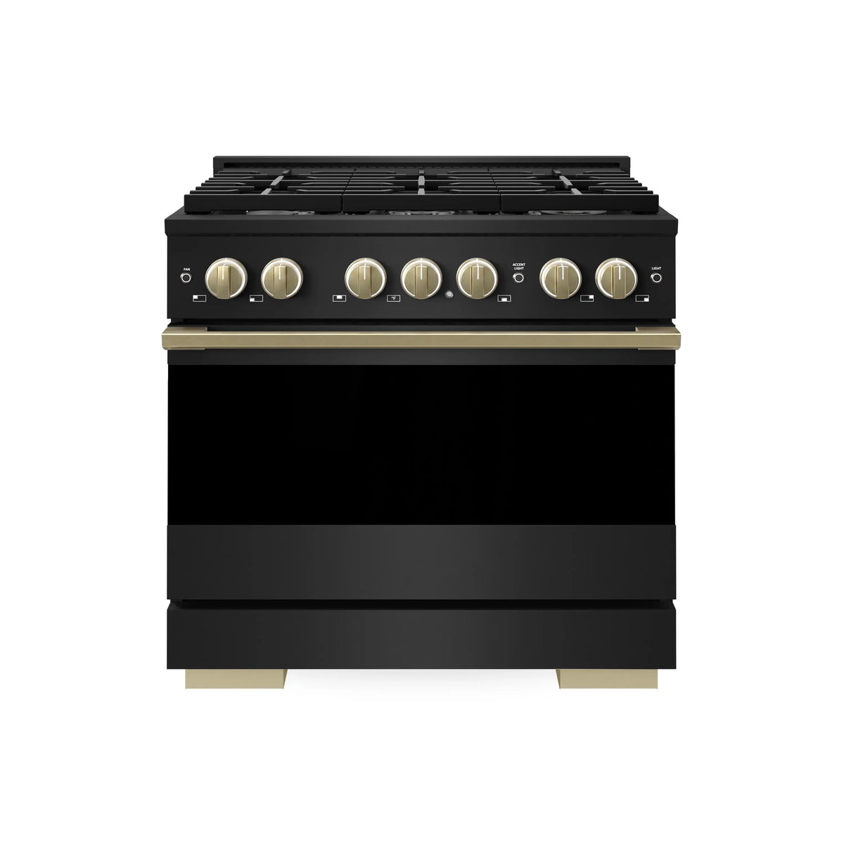 Front view of black dual fuel range with six burners and champagne bronze accents