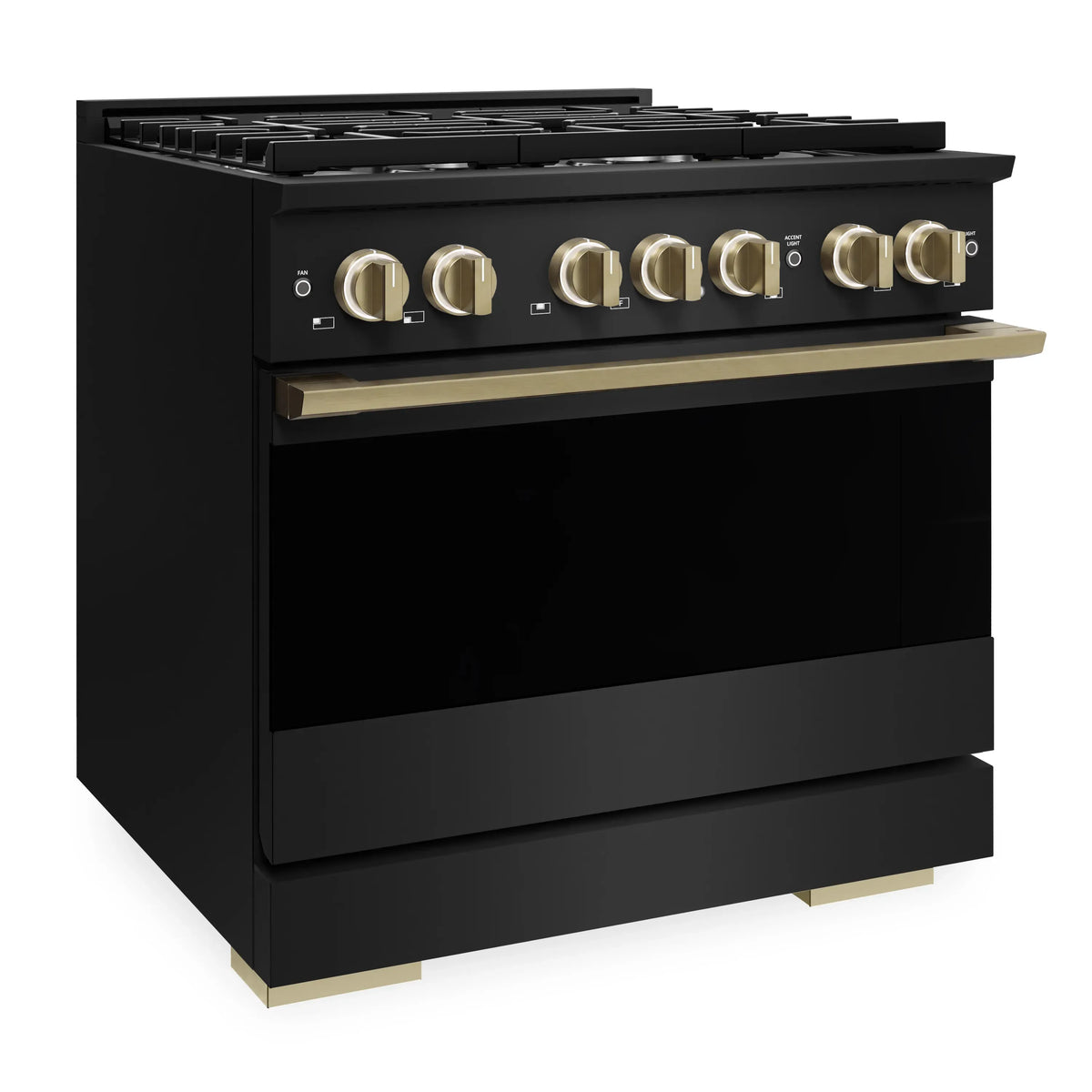 Angled view of black dual fuel range with champagne bronze trim and control knobs
