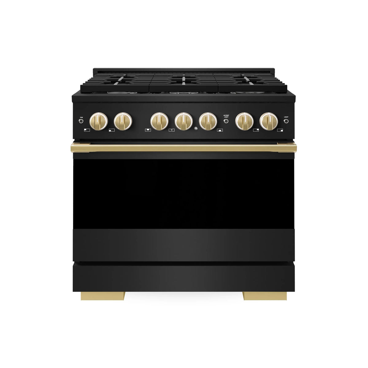 Black dual fuel range with 6-burner gas cooktop, electric convection oven, gold accents.