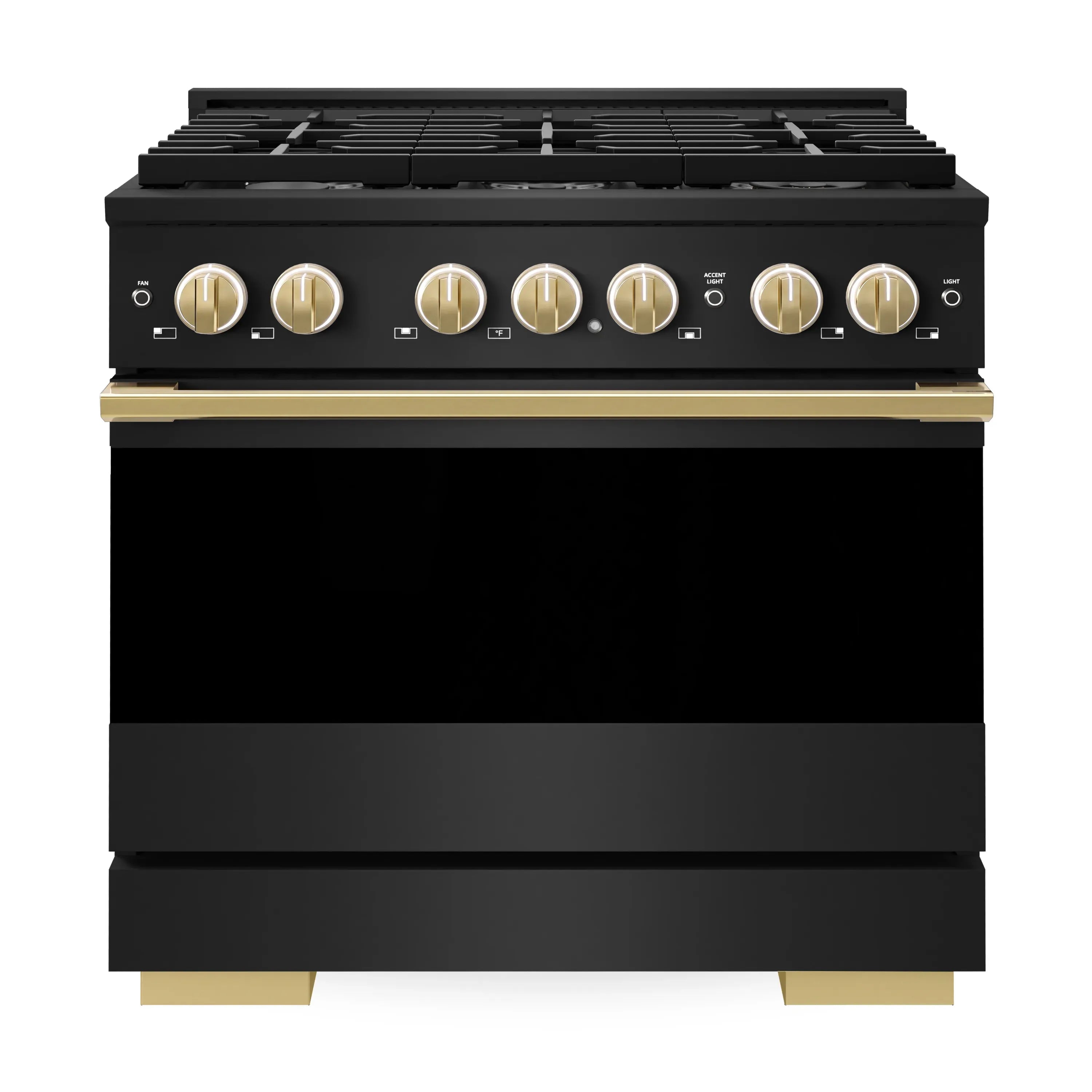 Black dual fuel range front with gold control accents and dual fuel cooktop grates.