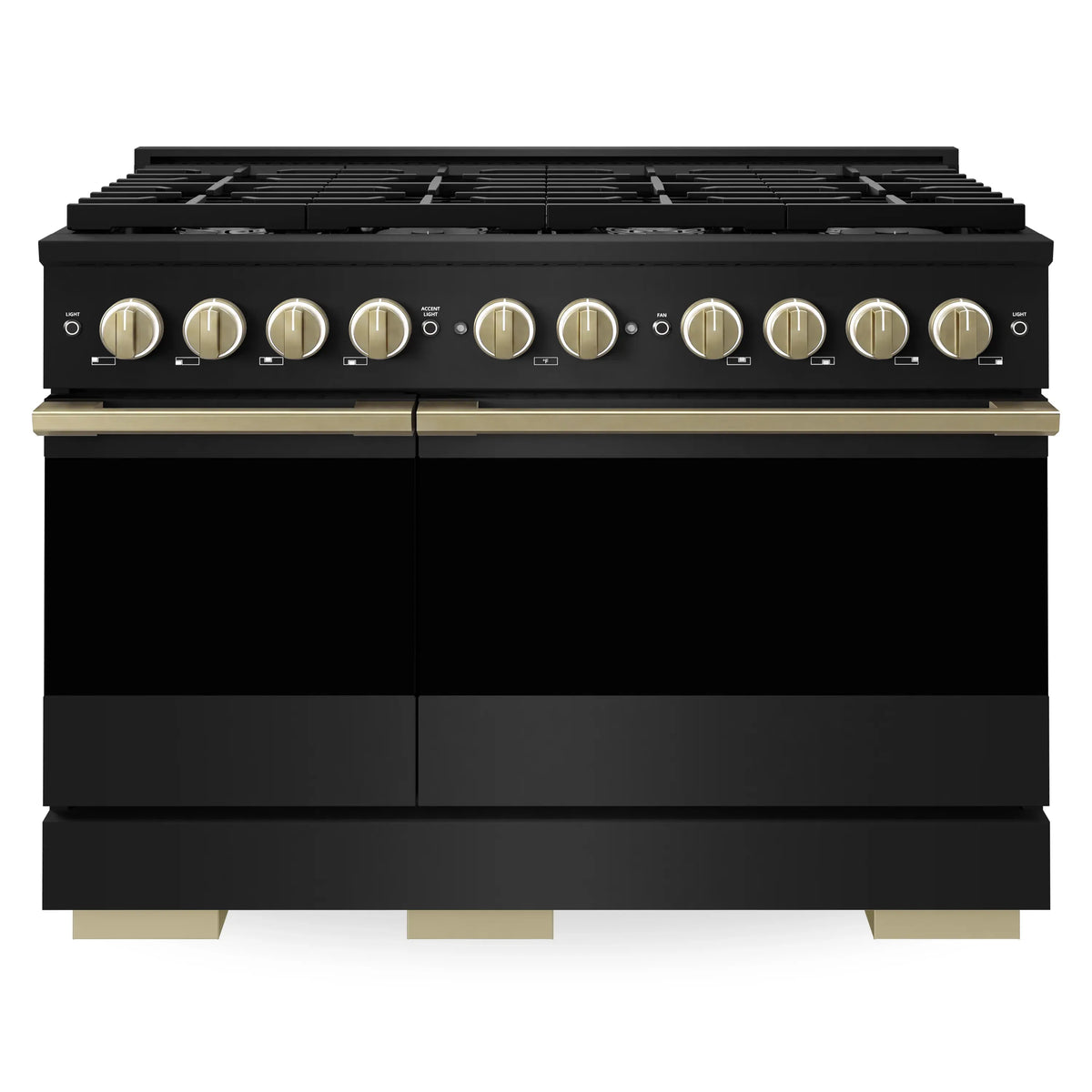 Black double oven dual fuel range with champagne bronze base trim and front controls