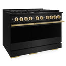 ZLINE Autograph Edition 48-Inch 6.7 Cu. Ft. Marino Double Oven Dual Fuel Range with 8 Burner Gas Cooktop in Black Stainless Steel and Polished Gold Accents (MDRBZ-48-G)