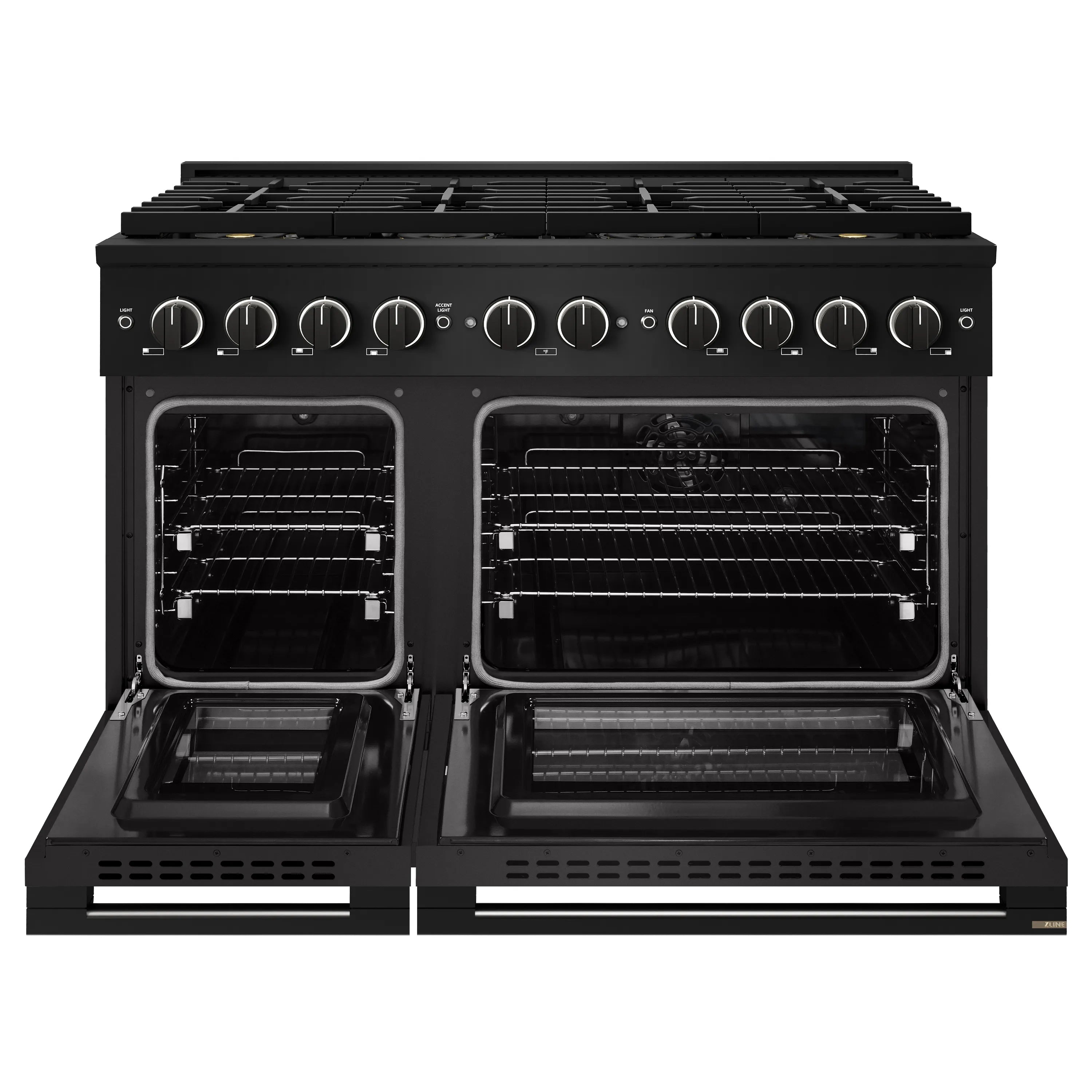 Black dual fuel range front with 8-burner cooktop and dual oven compartments