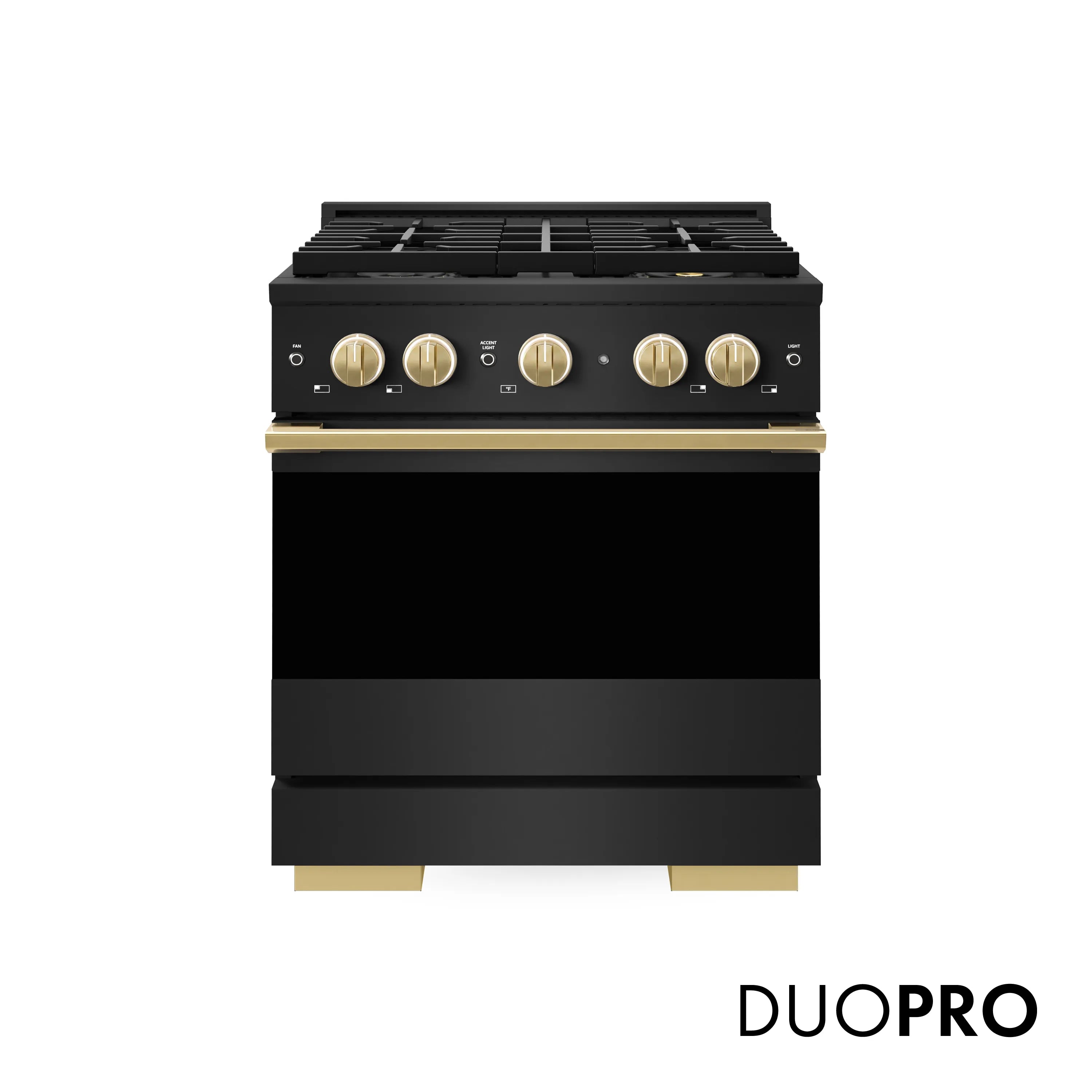Black dual fuel range with polished gold accents and front control panel