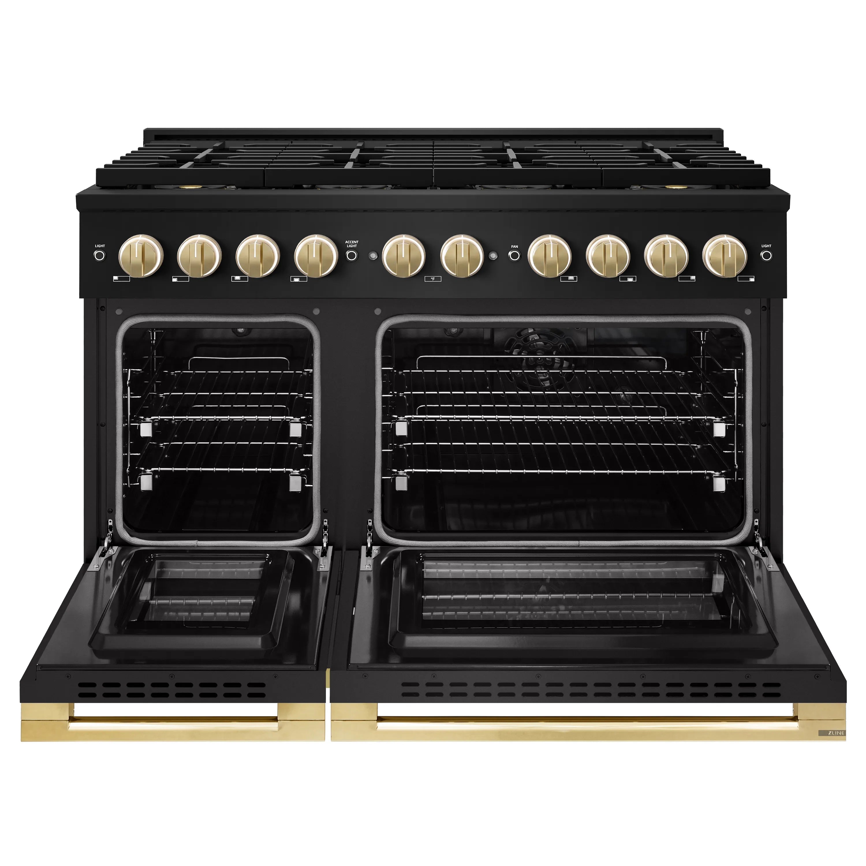 Black dual oven range with gold knobs and an eight-burner cooktop