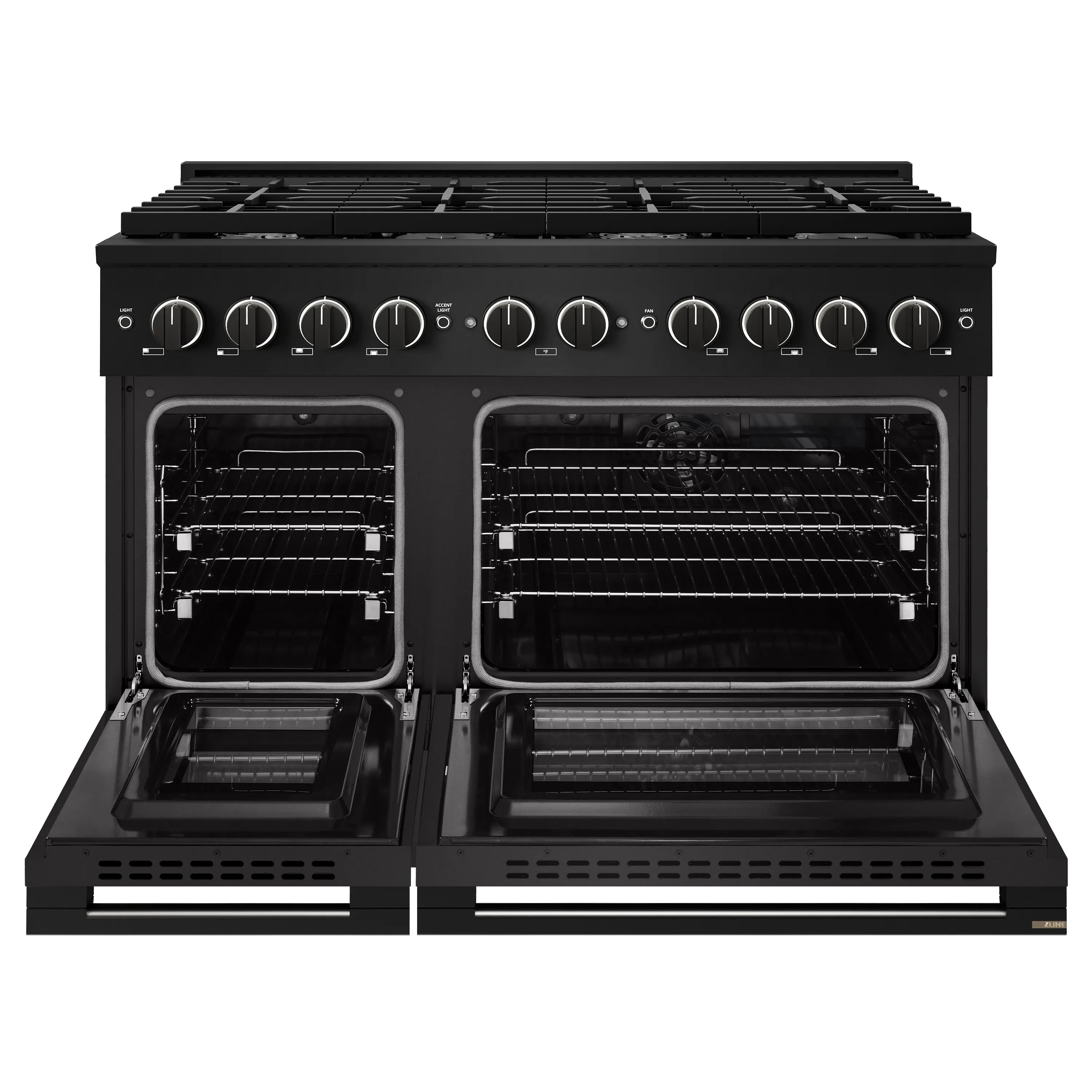 Black dual-oven range with both oven doors open and oven racks visible