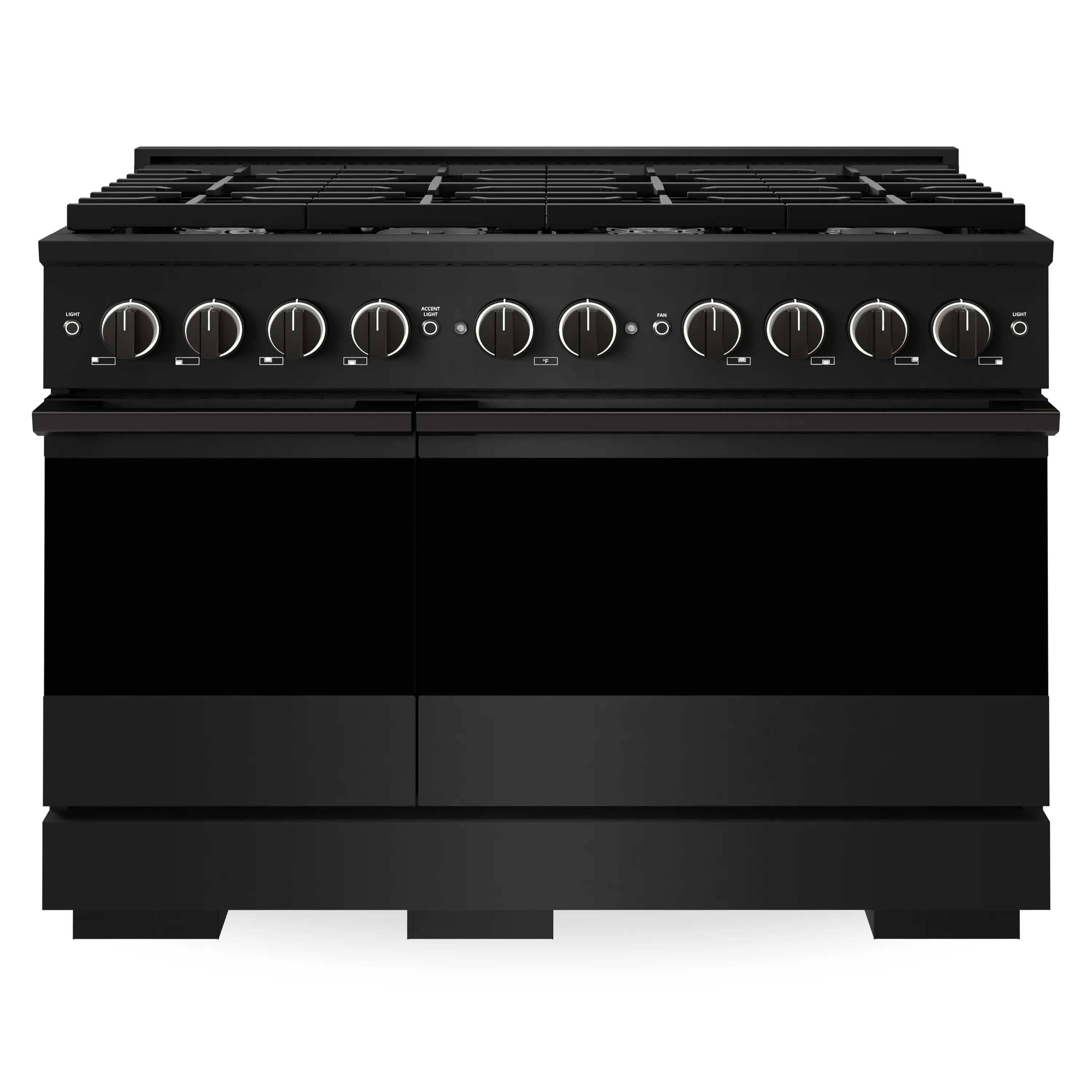 Black stainless steel dual fuel range front view with control knobs and burner grates