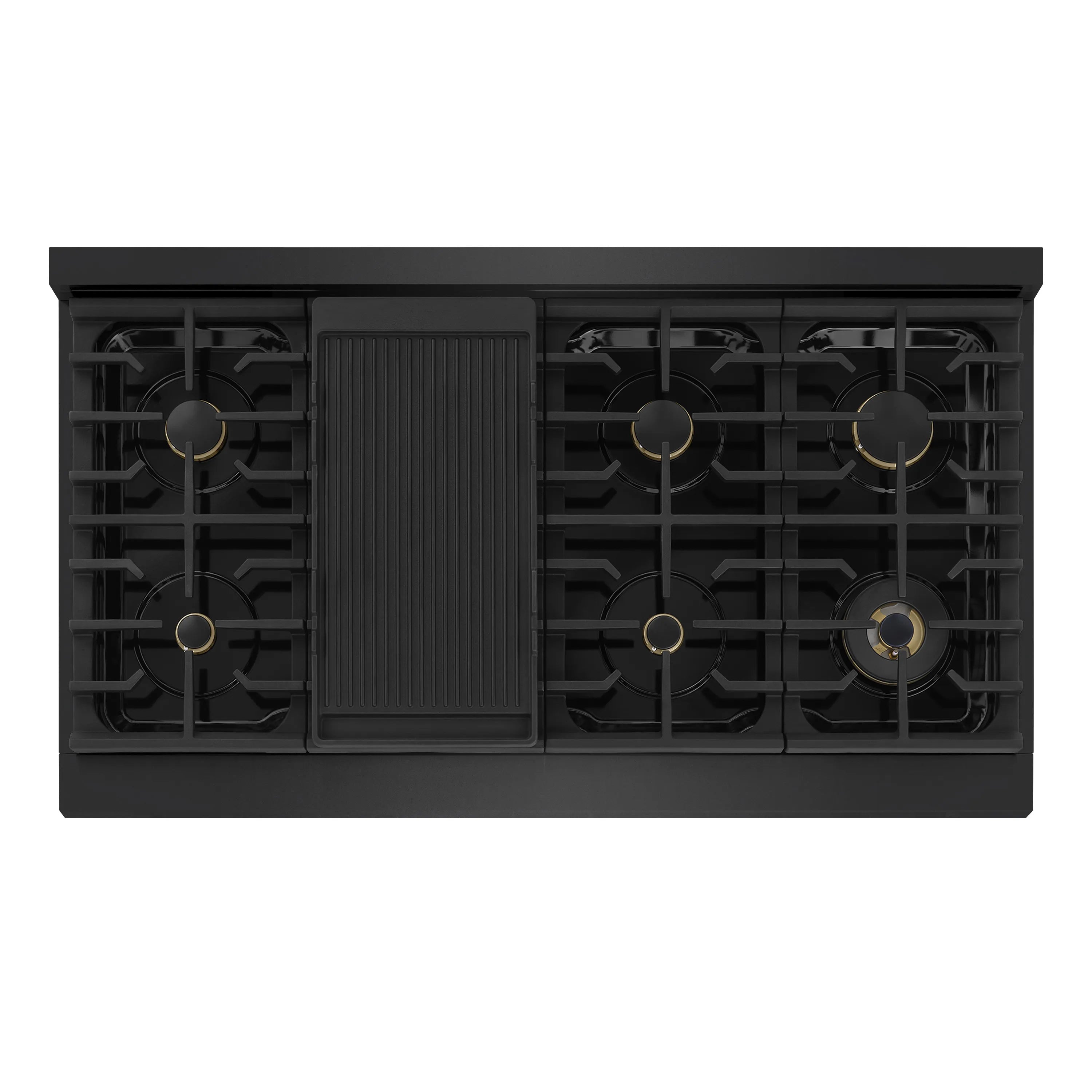 Top view of dual fuel range cooktop with eight brass burners and center griddle