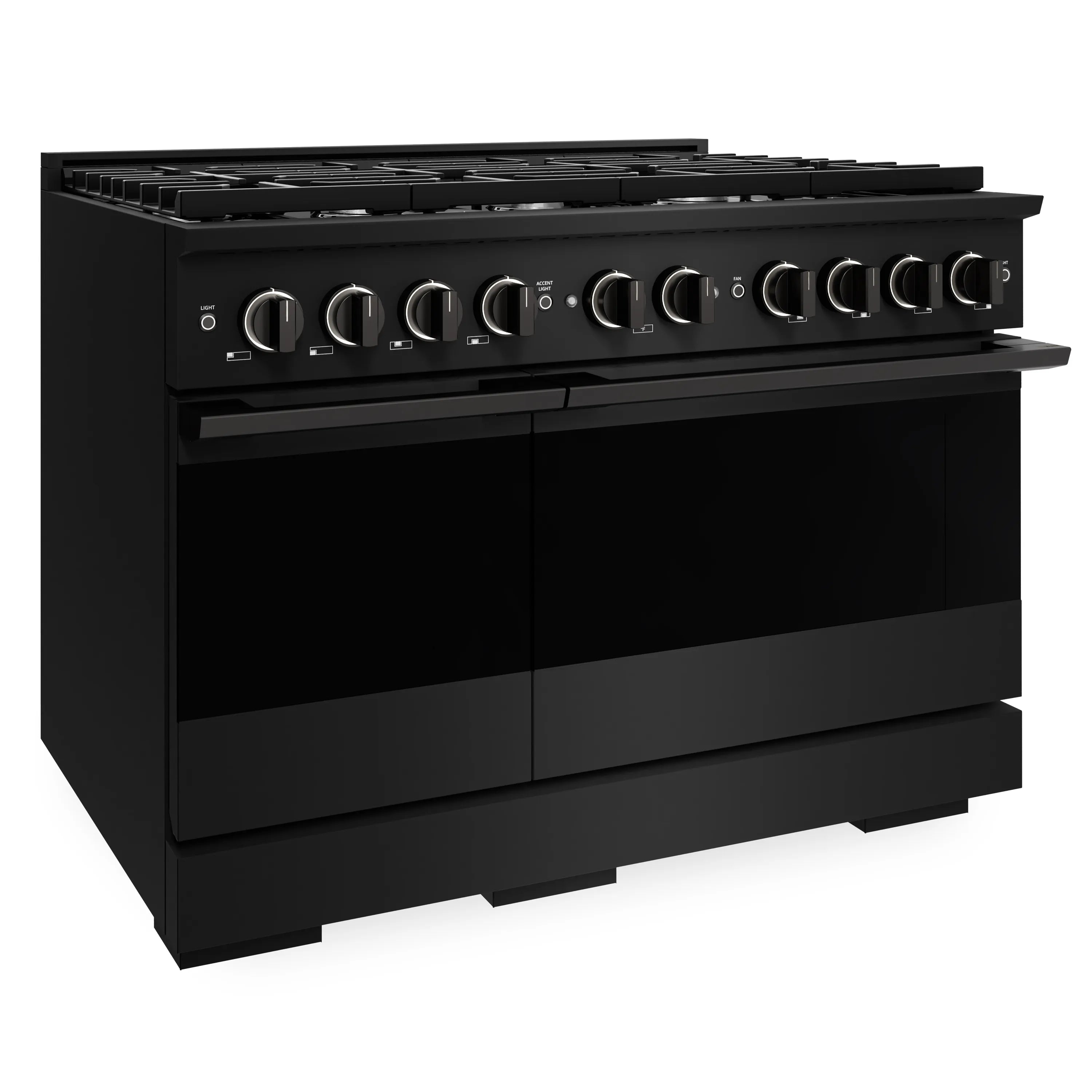 Black double oven gas range with side view, front doors, and knob control panel