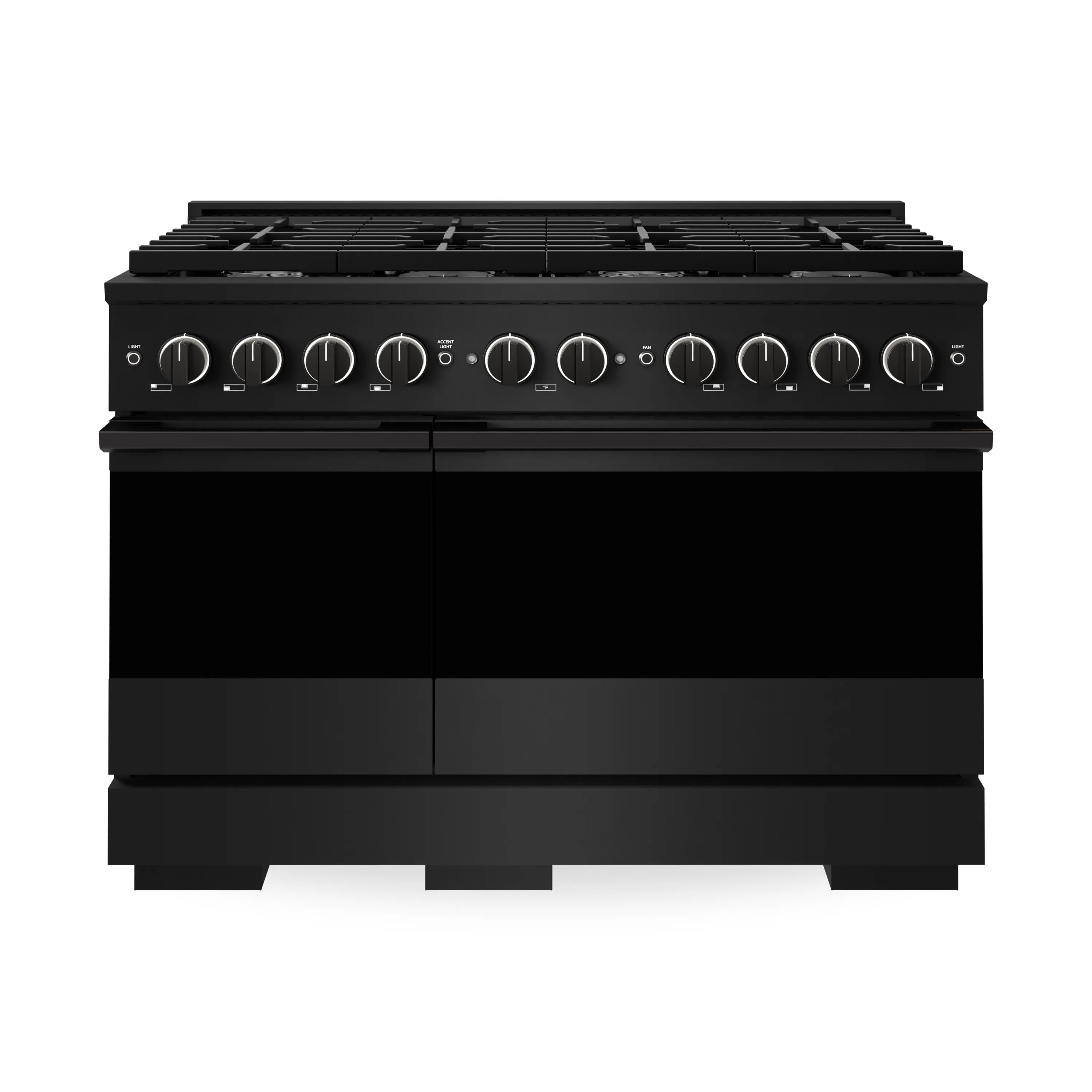 Black stainless steel double gas range with front control knobs and burners