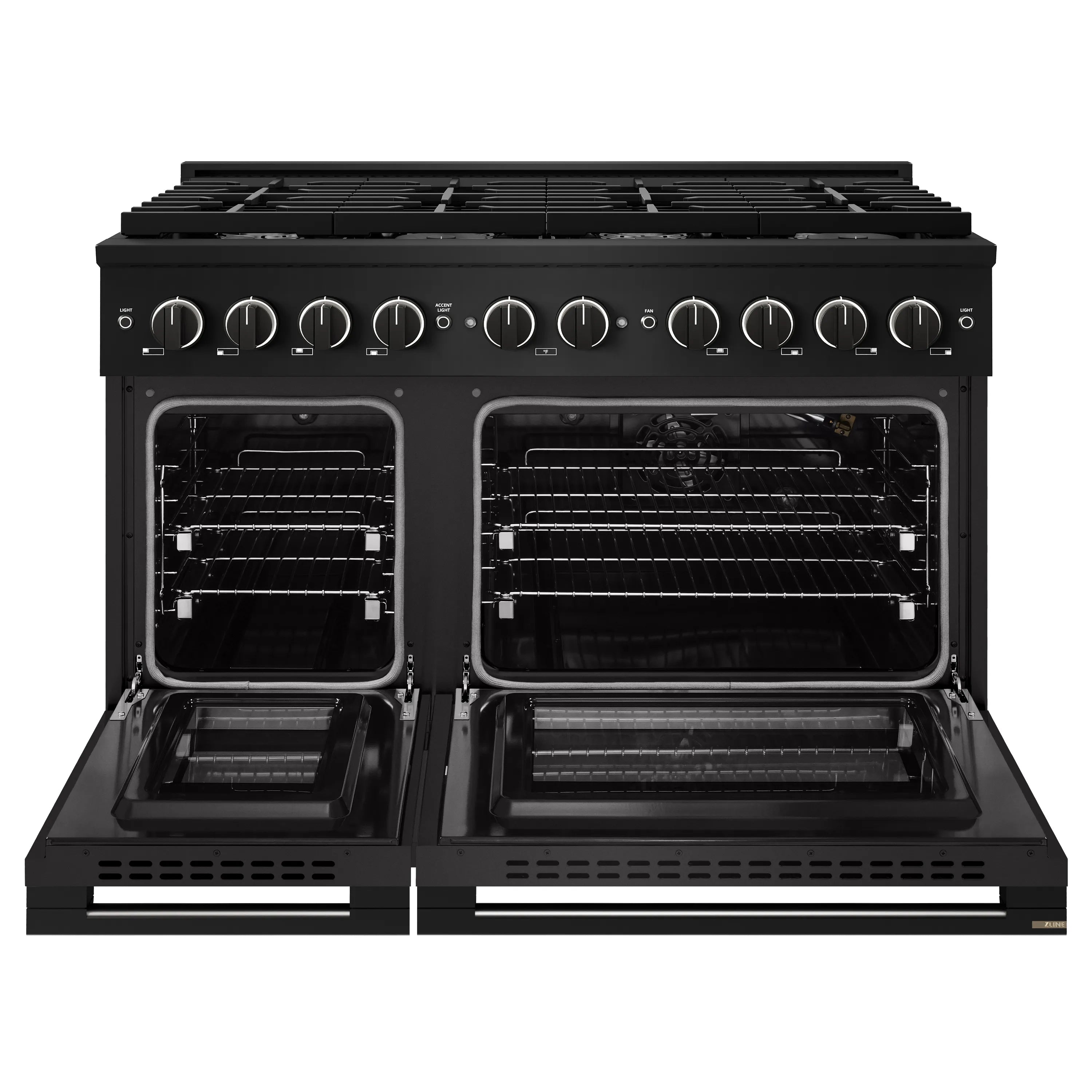 Black double gas oven range with both oven doors open and racks inside
