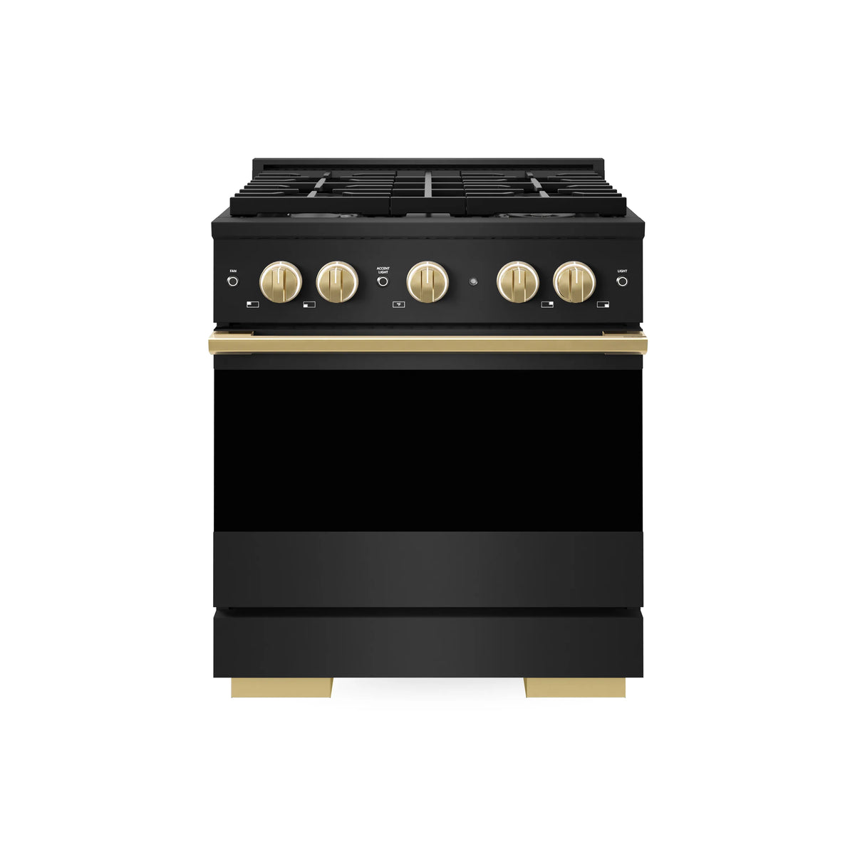 Black freestanding gas range with four gold control knobs and black glass oven door.