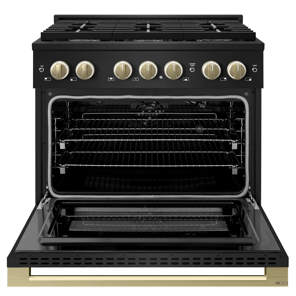 Black gas oven door open with visible racks and gold-tone control knobs