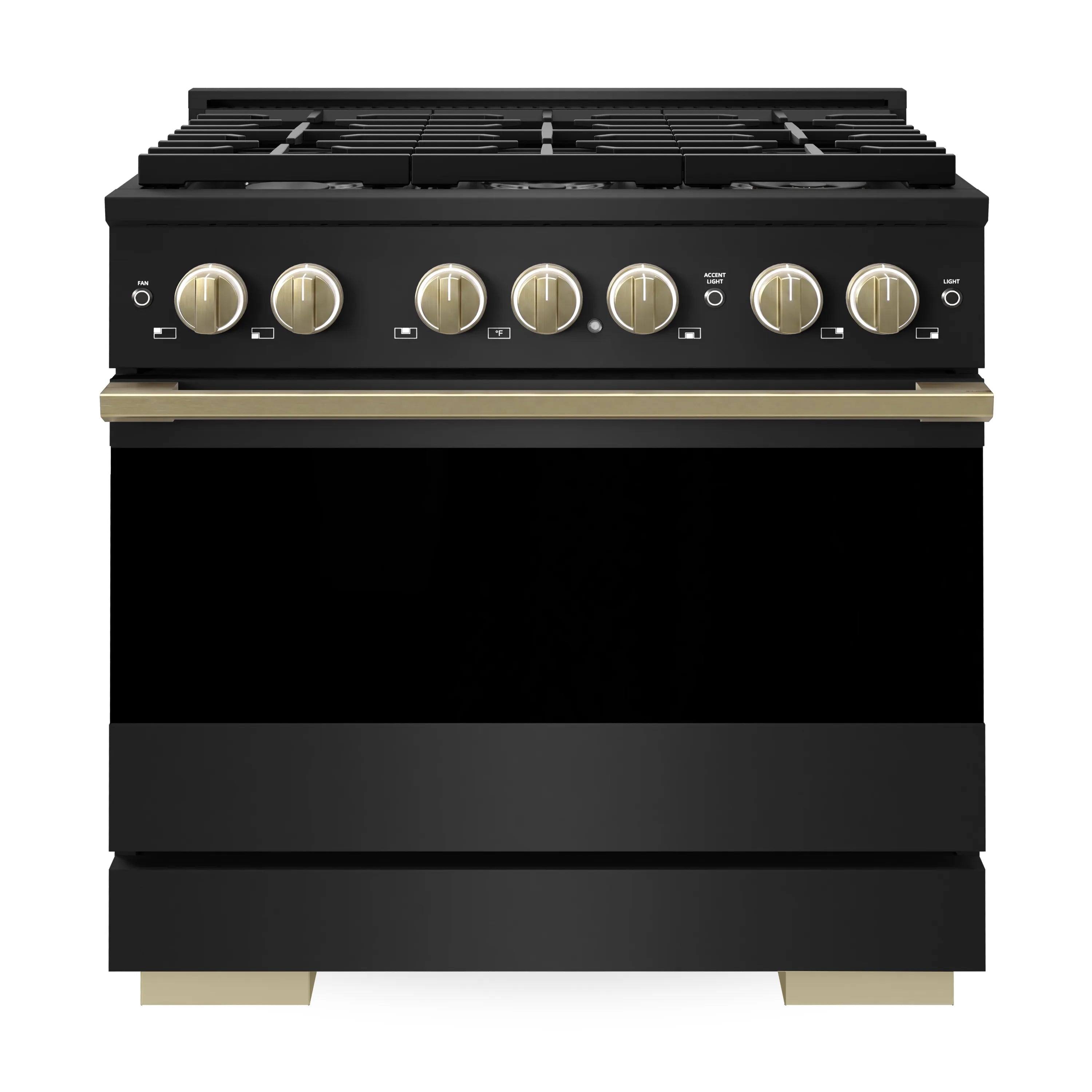 Black stainless gas range with gold control knobs and two-tone accent base