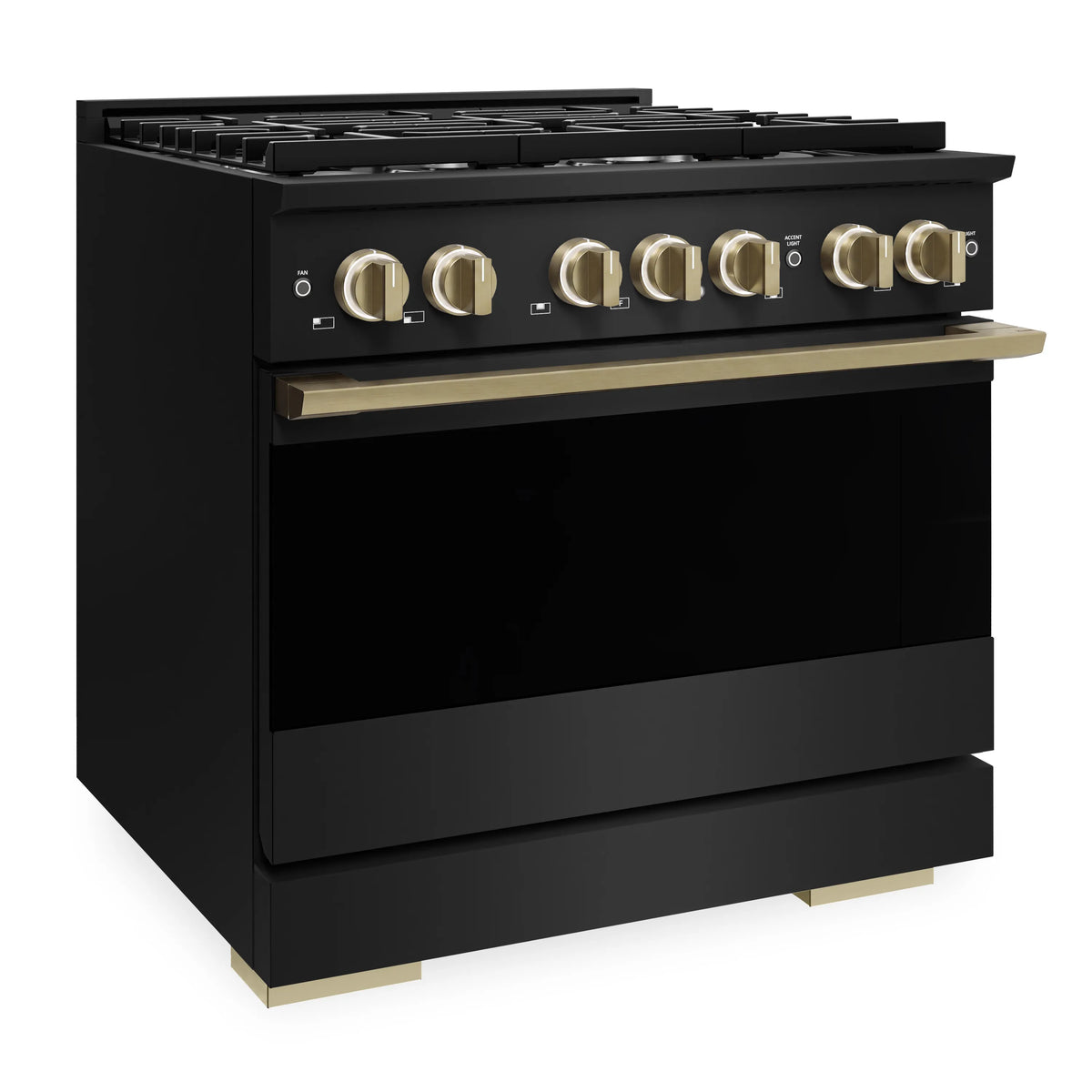 Three-quarter view of black gas range with gold knobs and oven handle panel