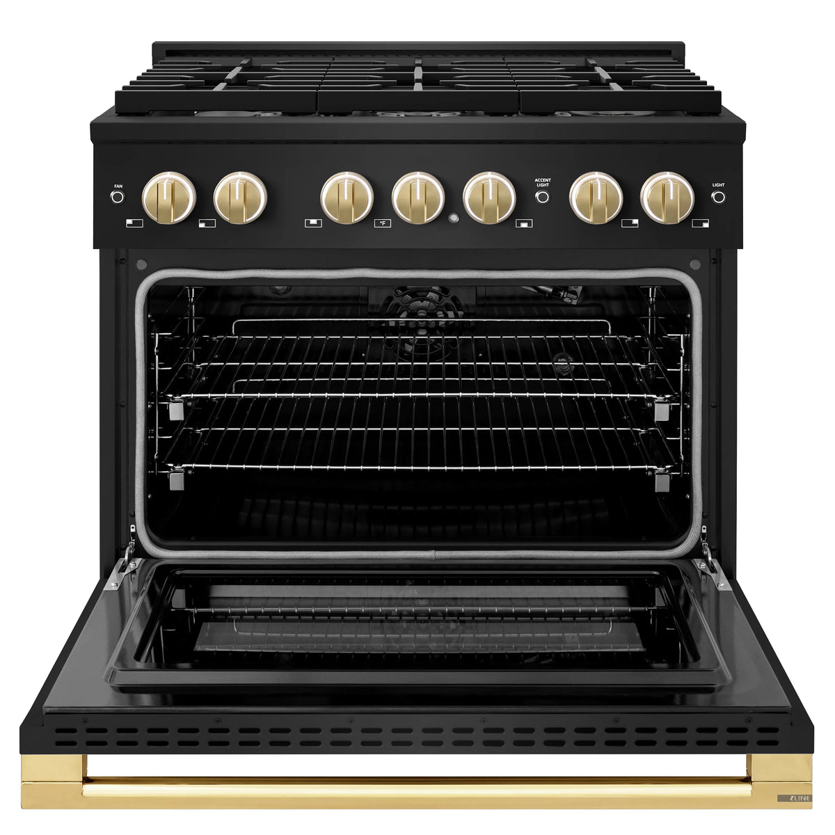 Black gas range with 6-burner cooktop, open convection oven, and polished gold knobs