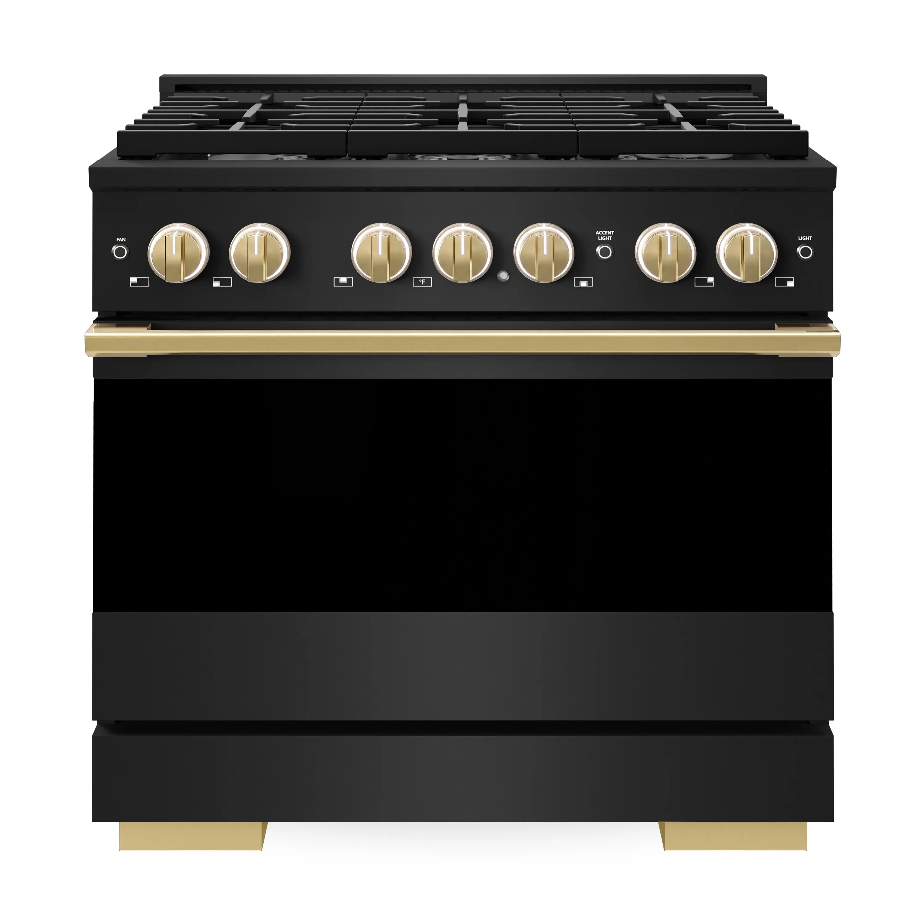 36-inch gas range with gold control knobs and black oven door