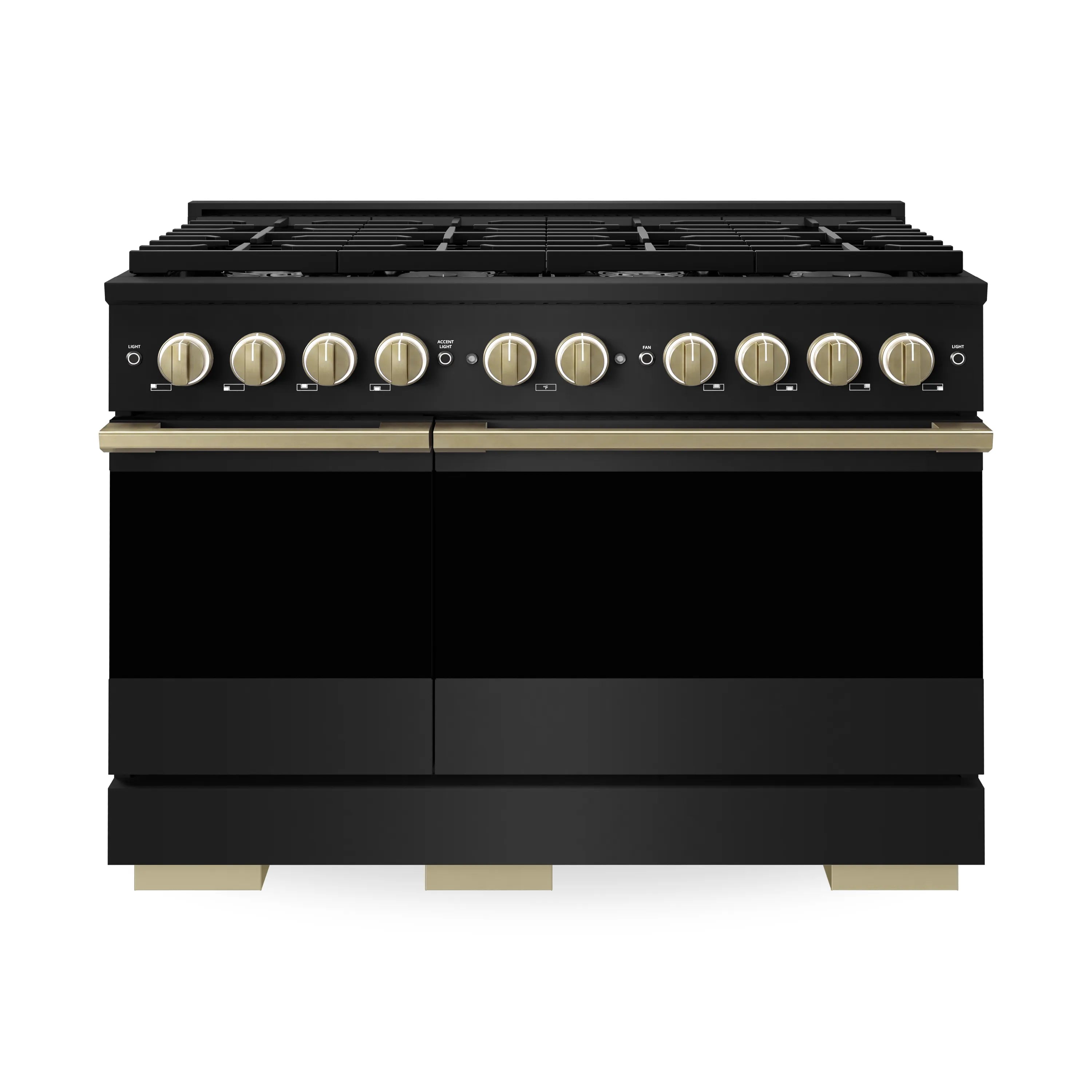 Black gas double oven range front with champagne bronze control knobs and burners