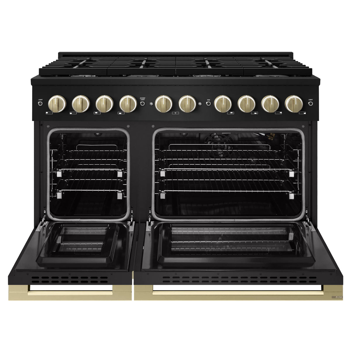 Black gas double oven range with both doors open and wire racks inside