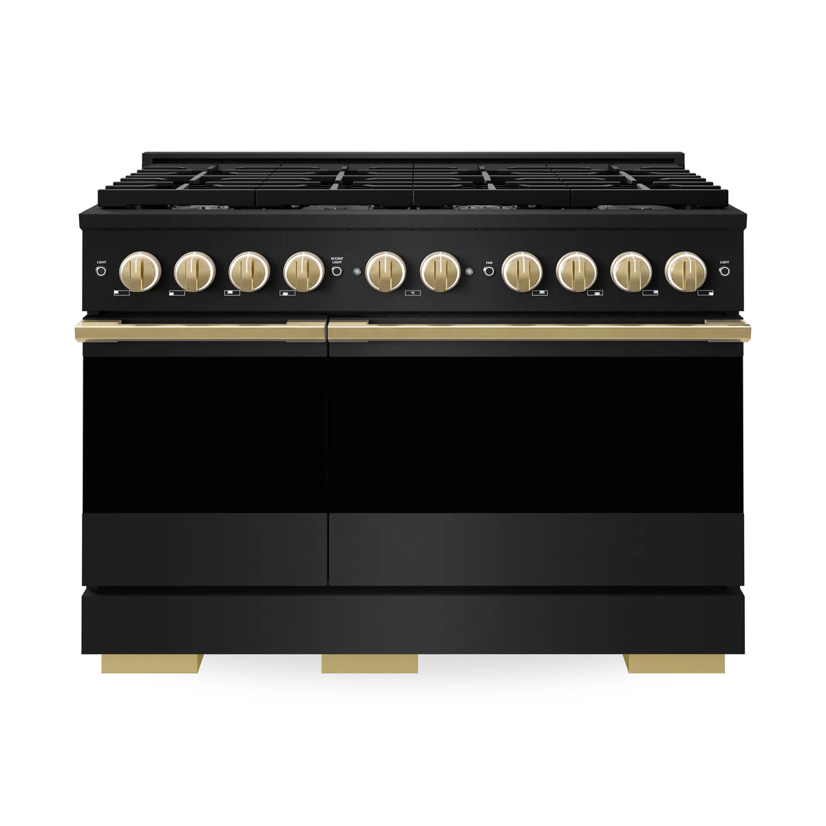 Black stainless gas range with polished gold control knobs and burner grates