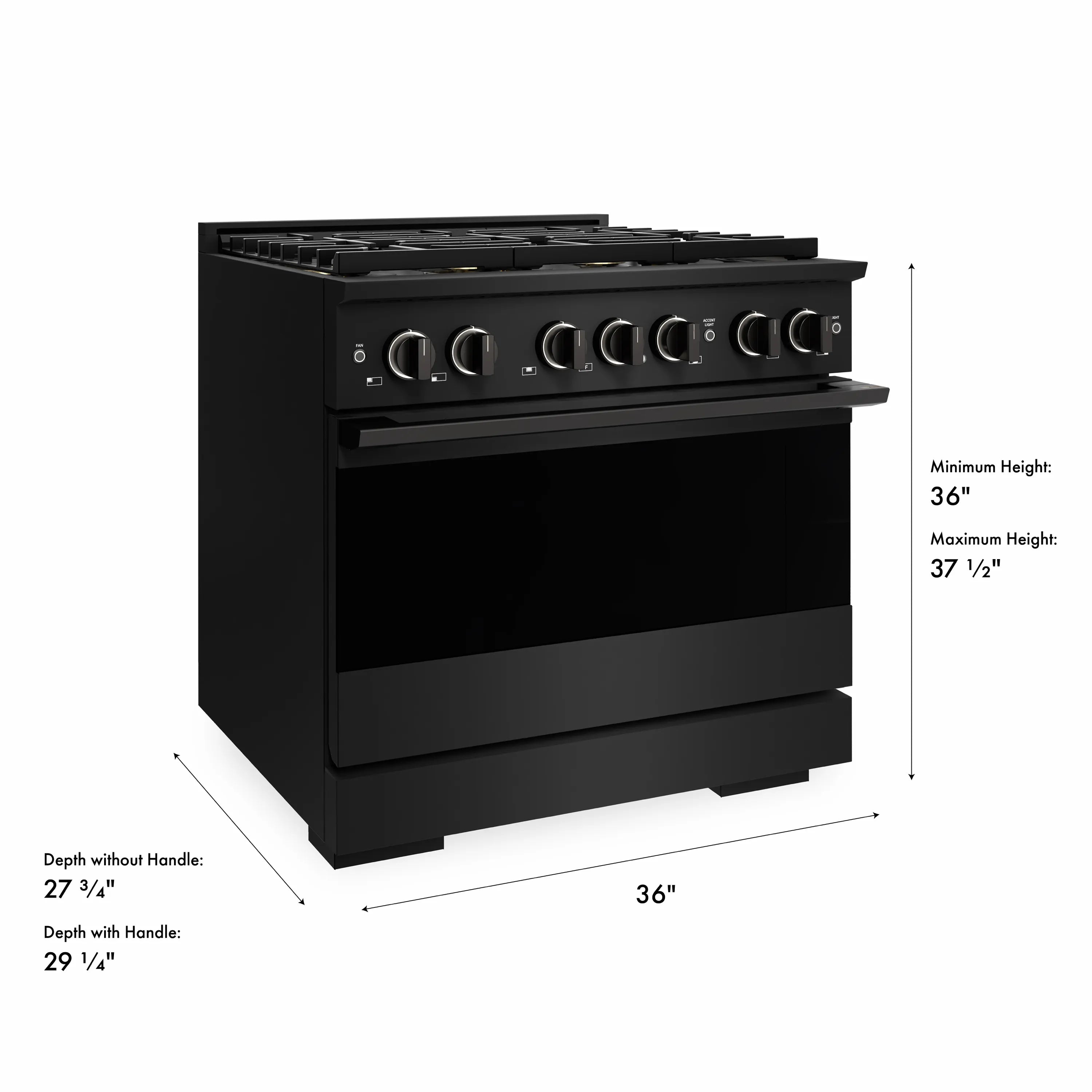 Black gas range front with control panel and oven door, shown with size diagram