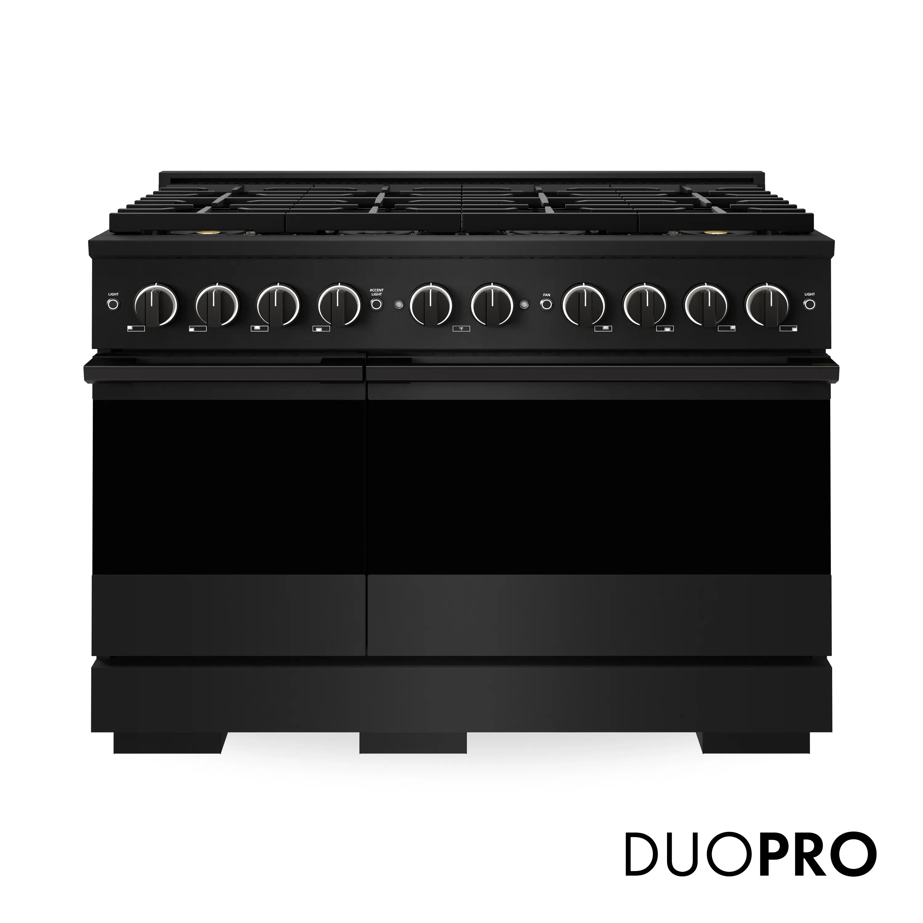 Black gas range front with control knobs, cooktop grates, and DUOPRO label