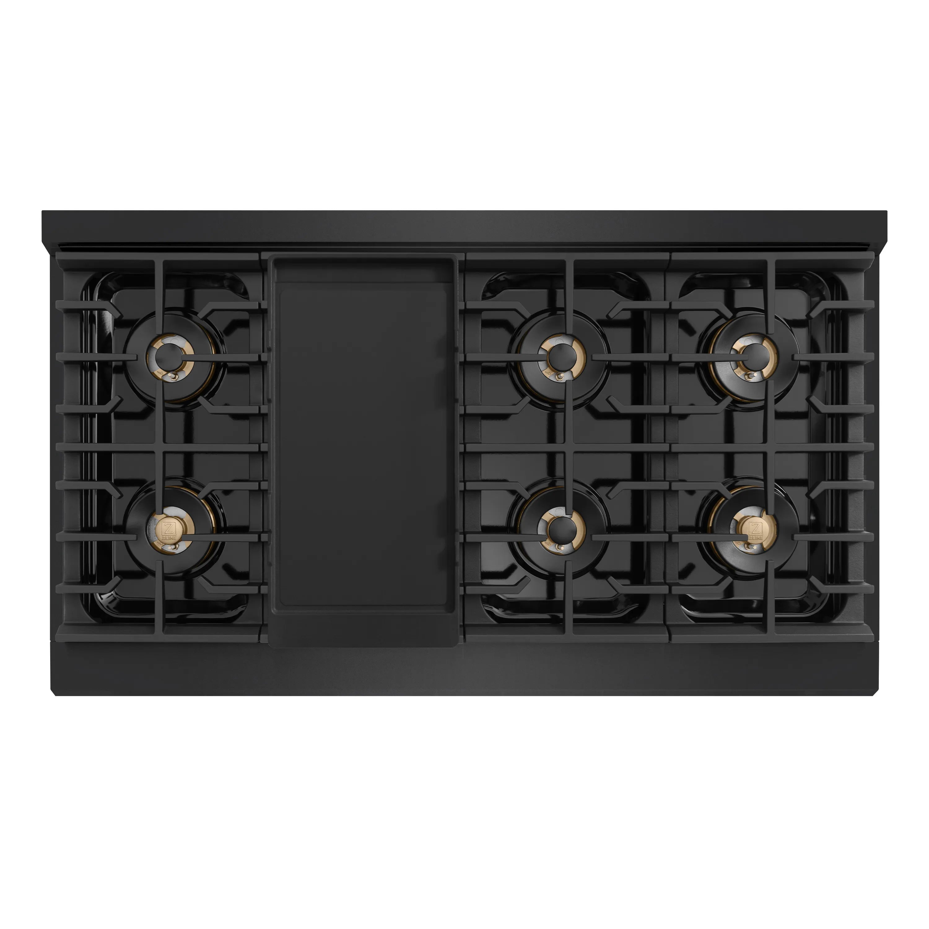 Gas cooktop section with burner caps and black grate frame, doors closed
