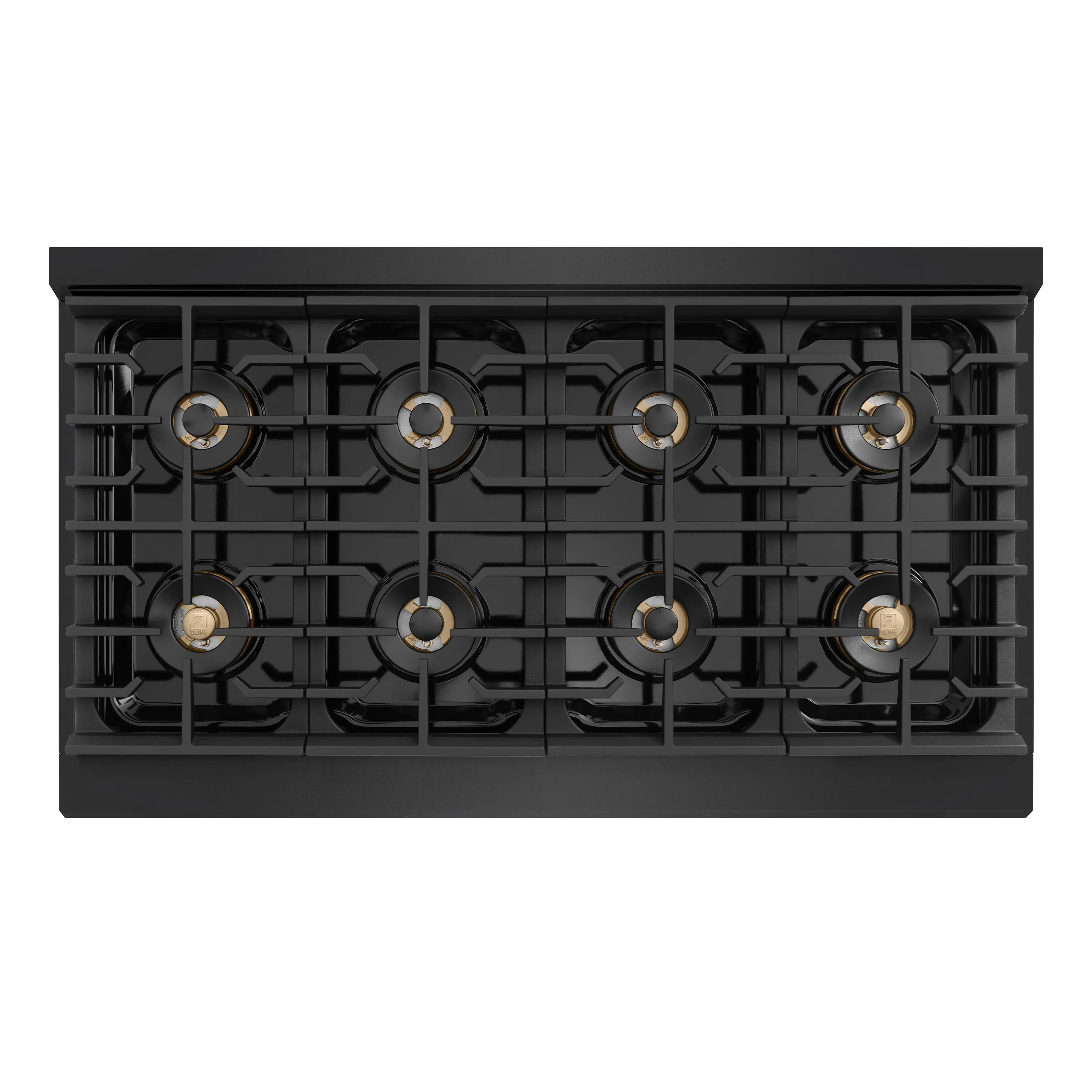 8-burner gas cooktop with black grates and round brass-colored burner caps