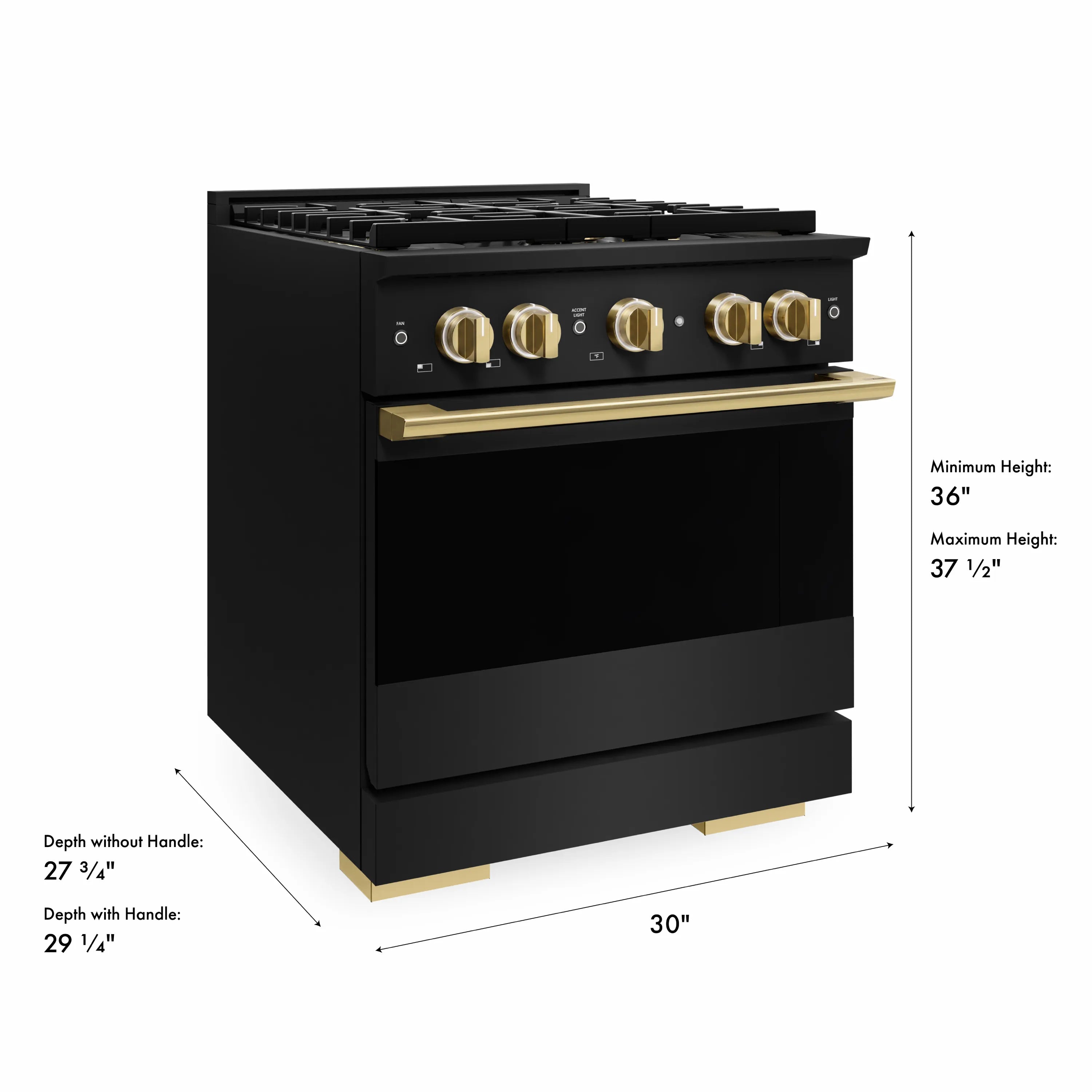 Black 30-inch gas range with polished gold accents, side view and height dimensions