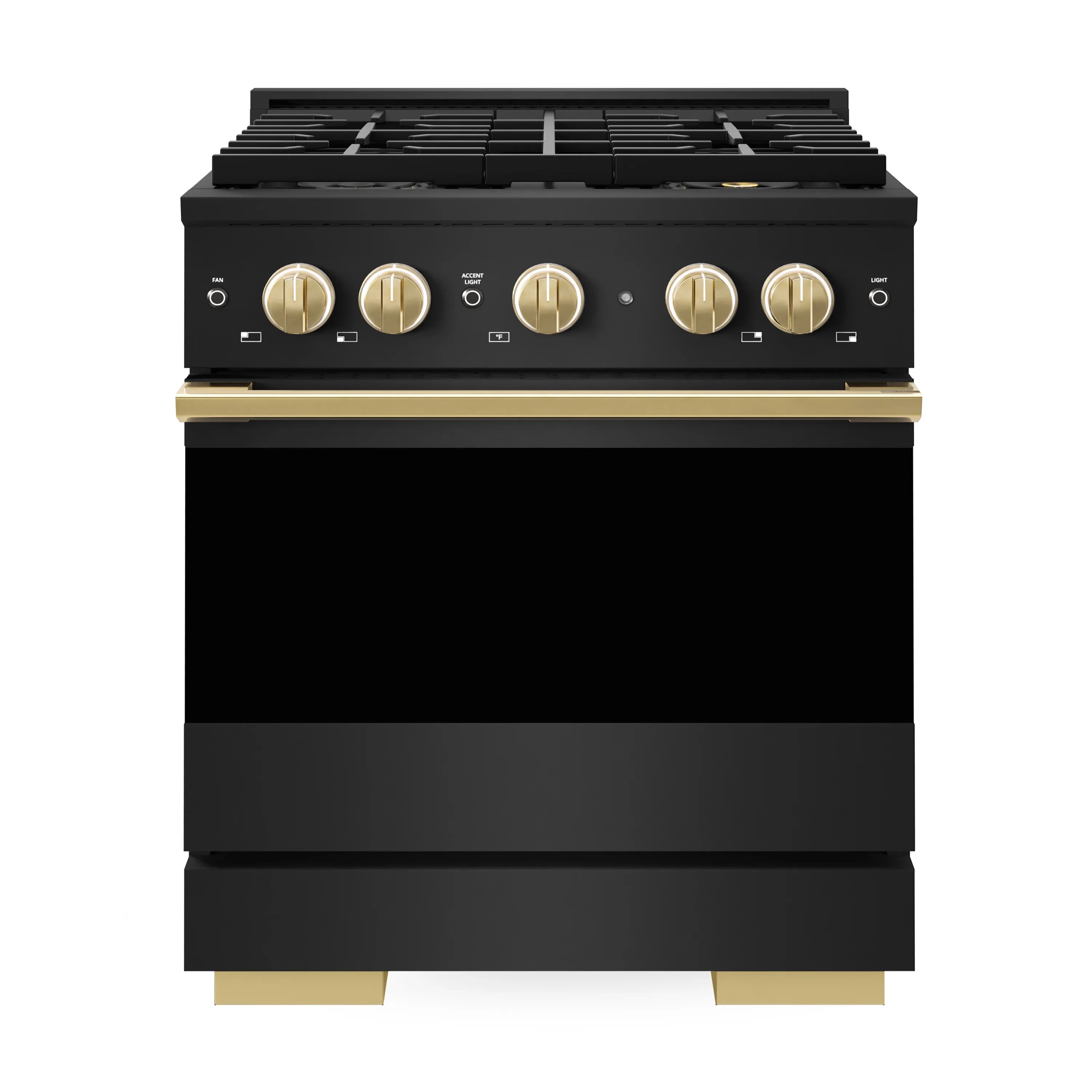 Black gas range front with gold control knobs and four-burner cooktop