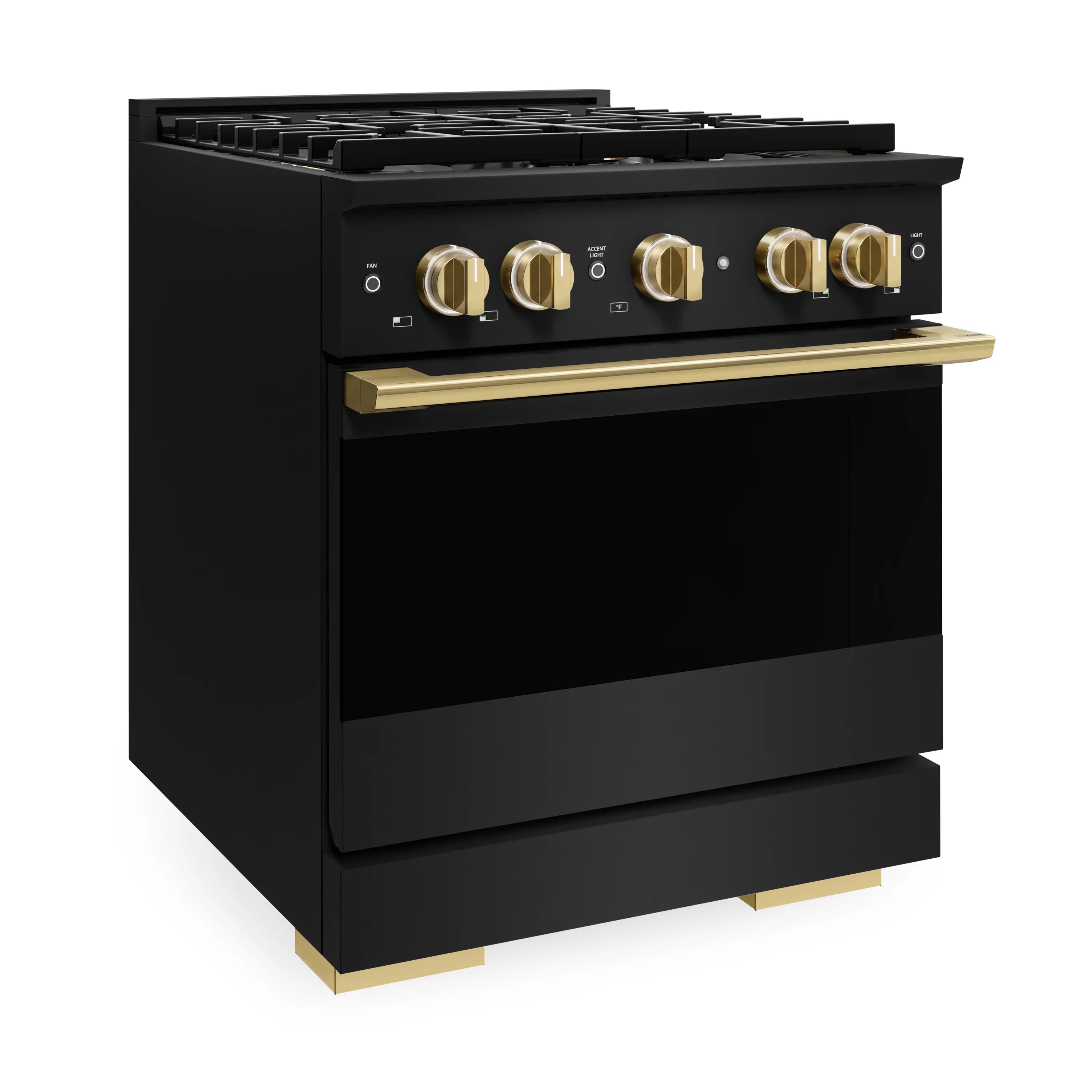 Black gas range front with four burners, gold trim, and glass oven door
