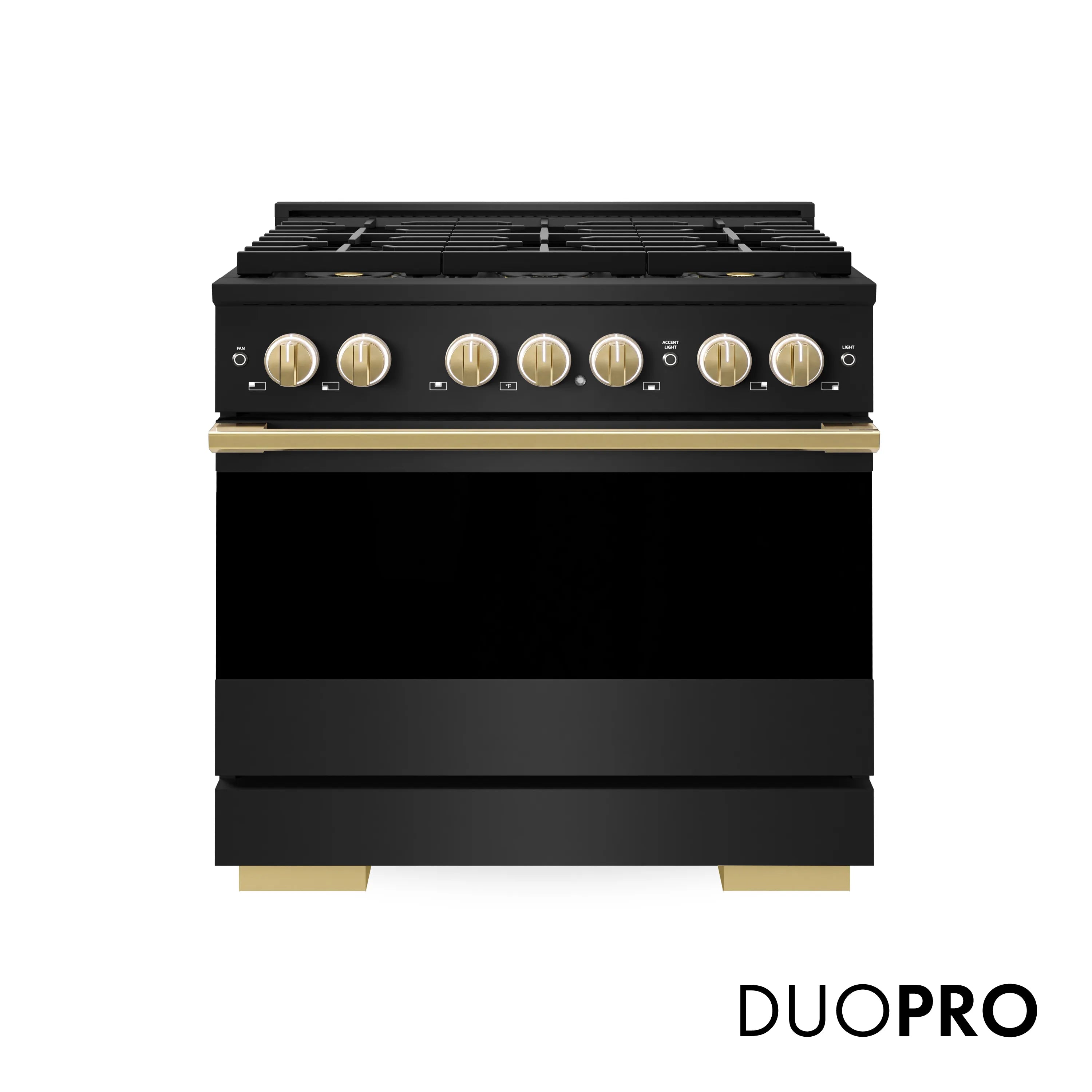 Black gas range with six burners, gold accent trim, and front control knobs