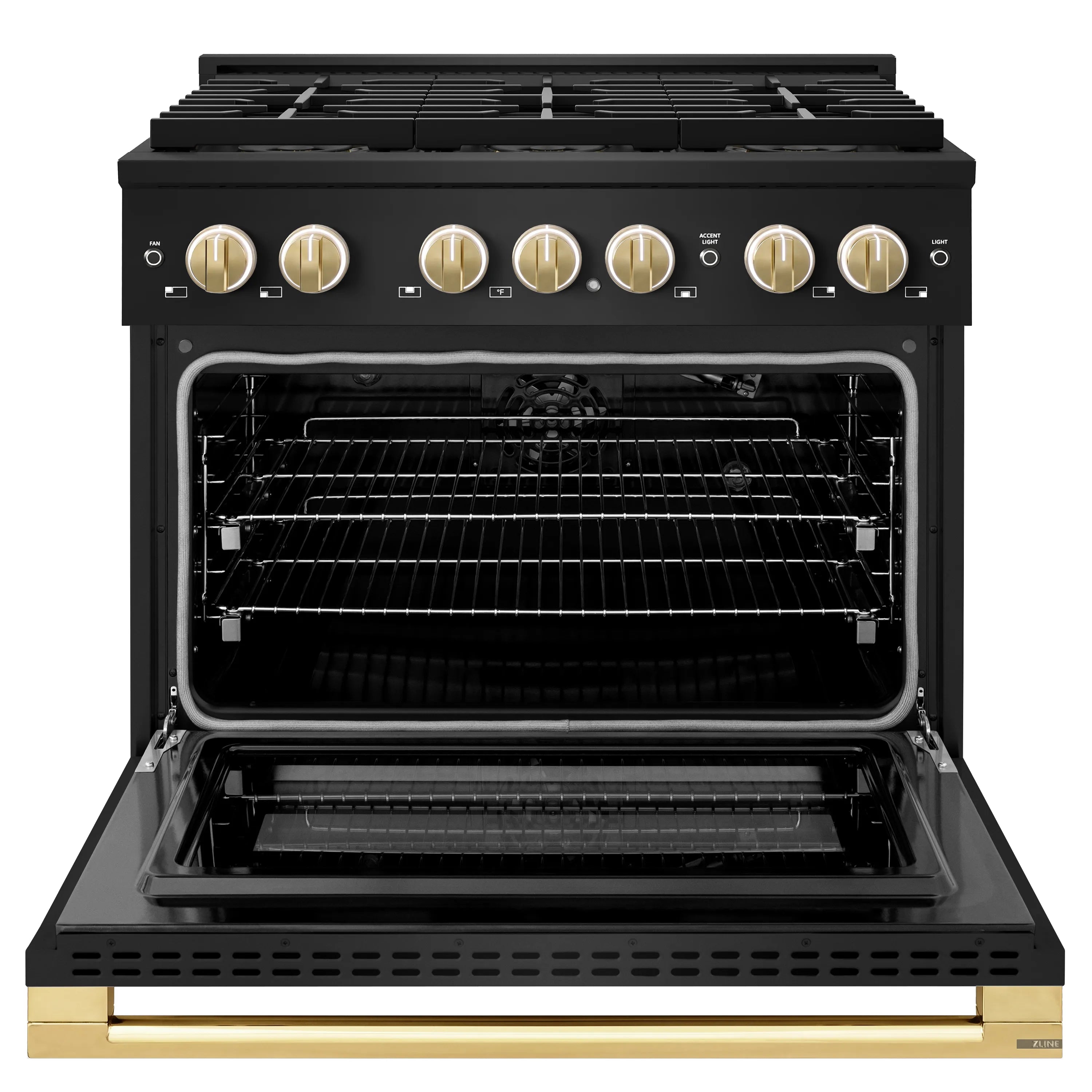 Black gas range with open oven door and gold-trim control panel