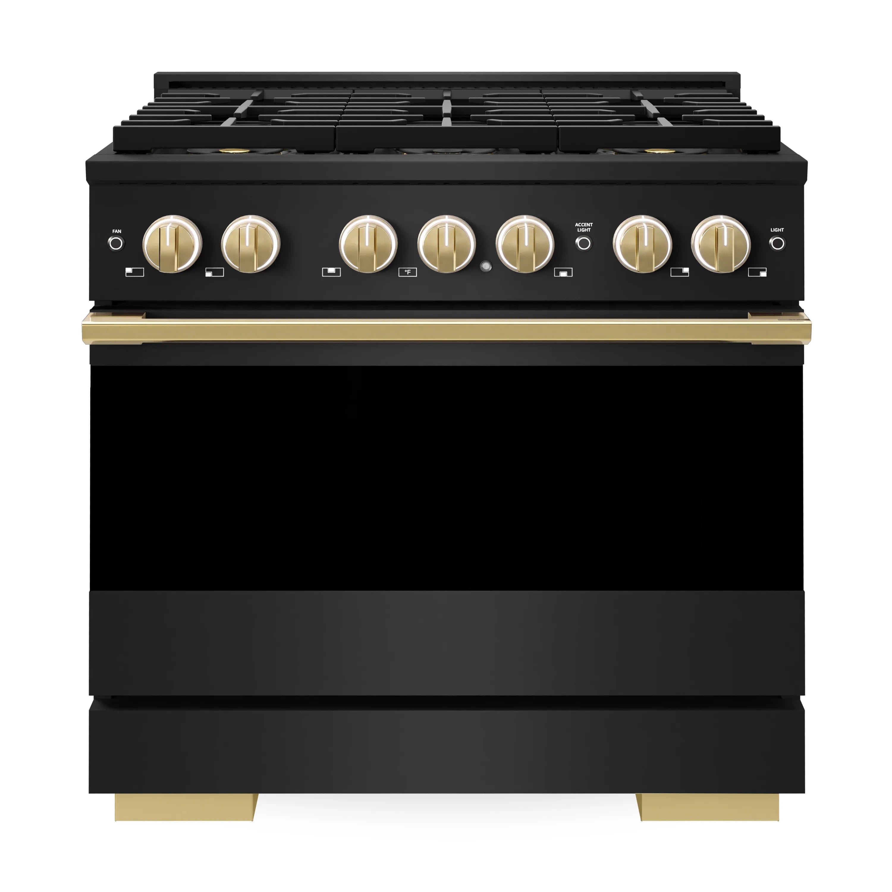 Black gas range front view with gold trim, six burner grates, and round control knobs