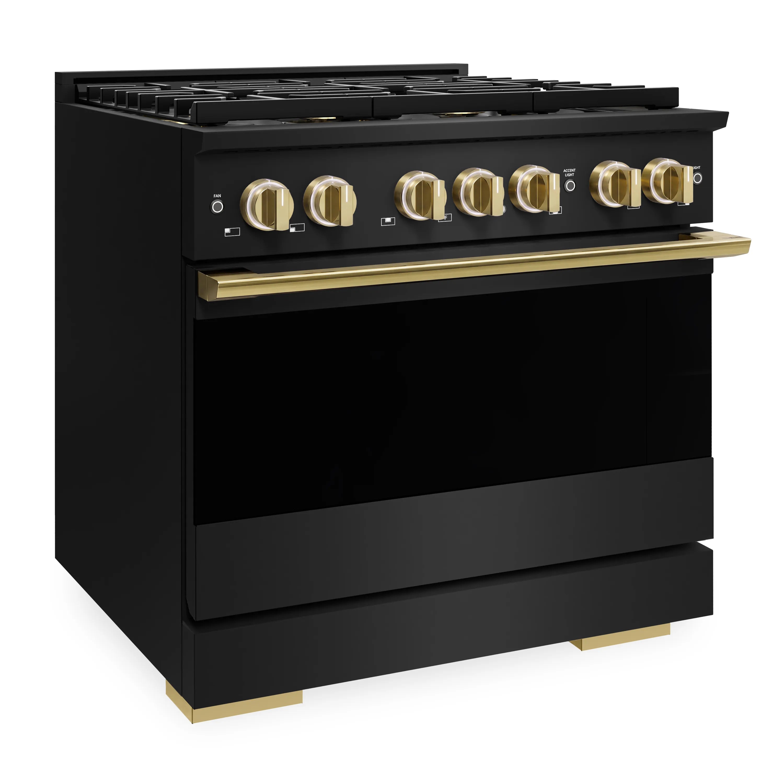 Black stainless gas range with gold accent trim and control knobs
