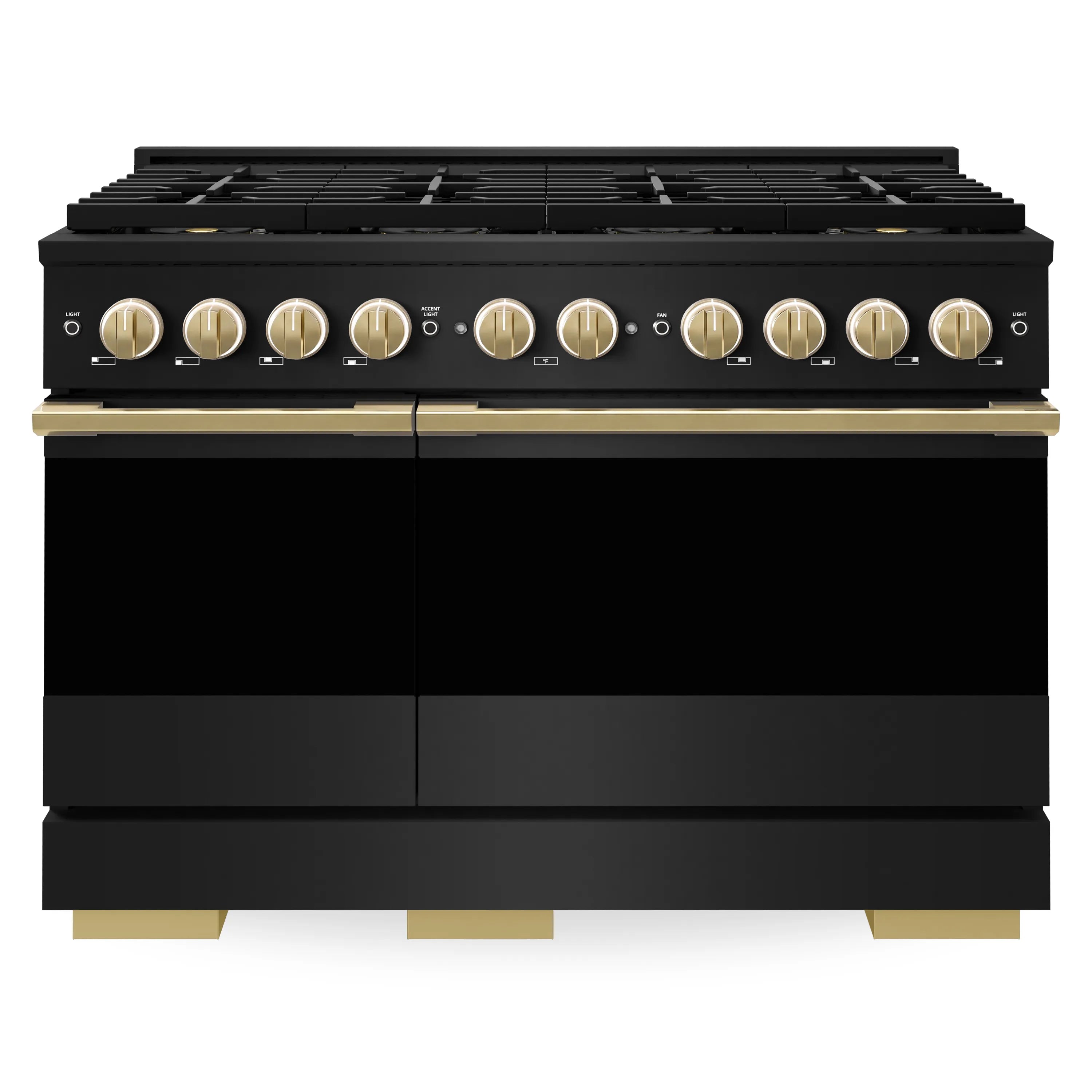 Black gas range with gold accents on control panel and two closed oven doors